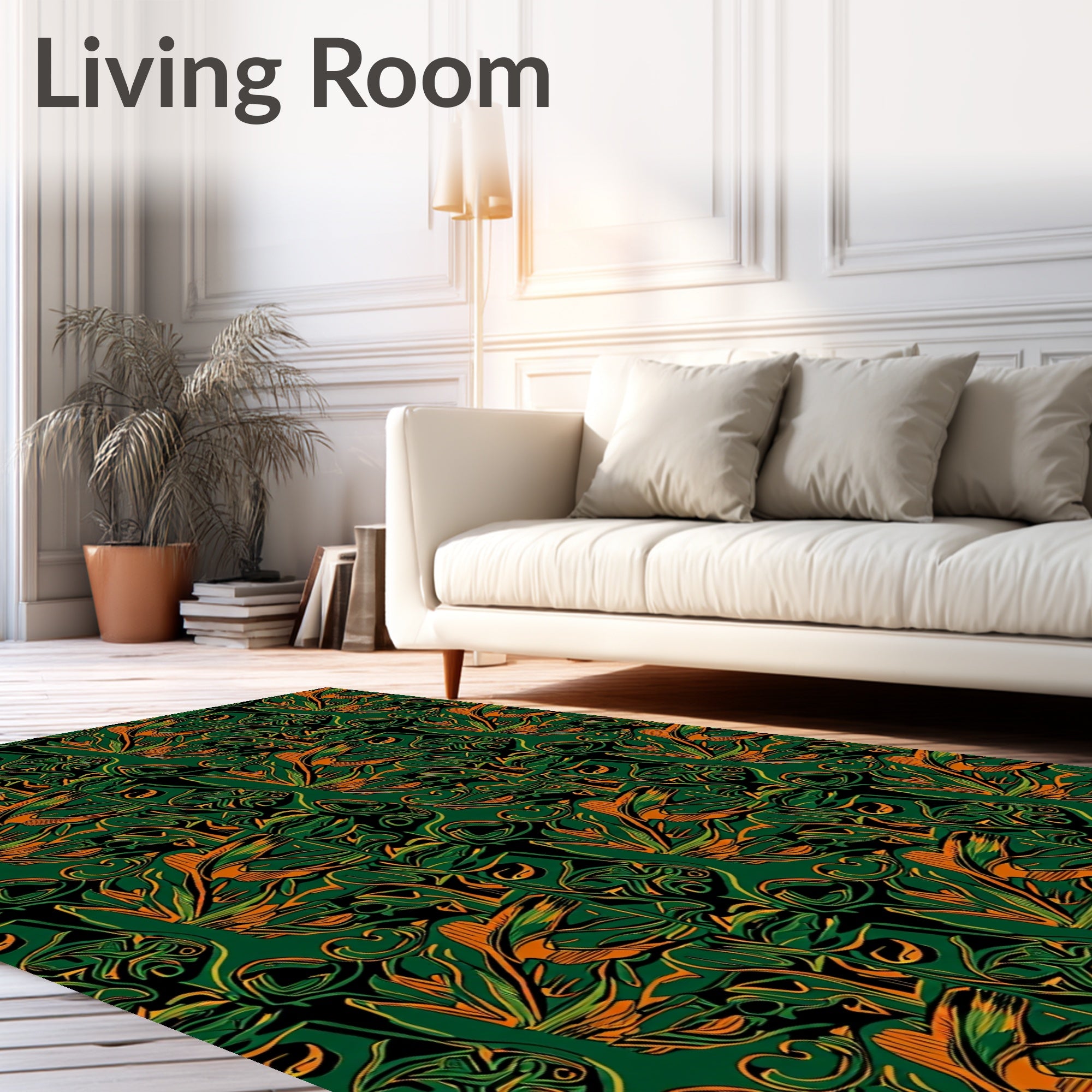 Jungle Emerald Orange Swirl Motif Rug