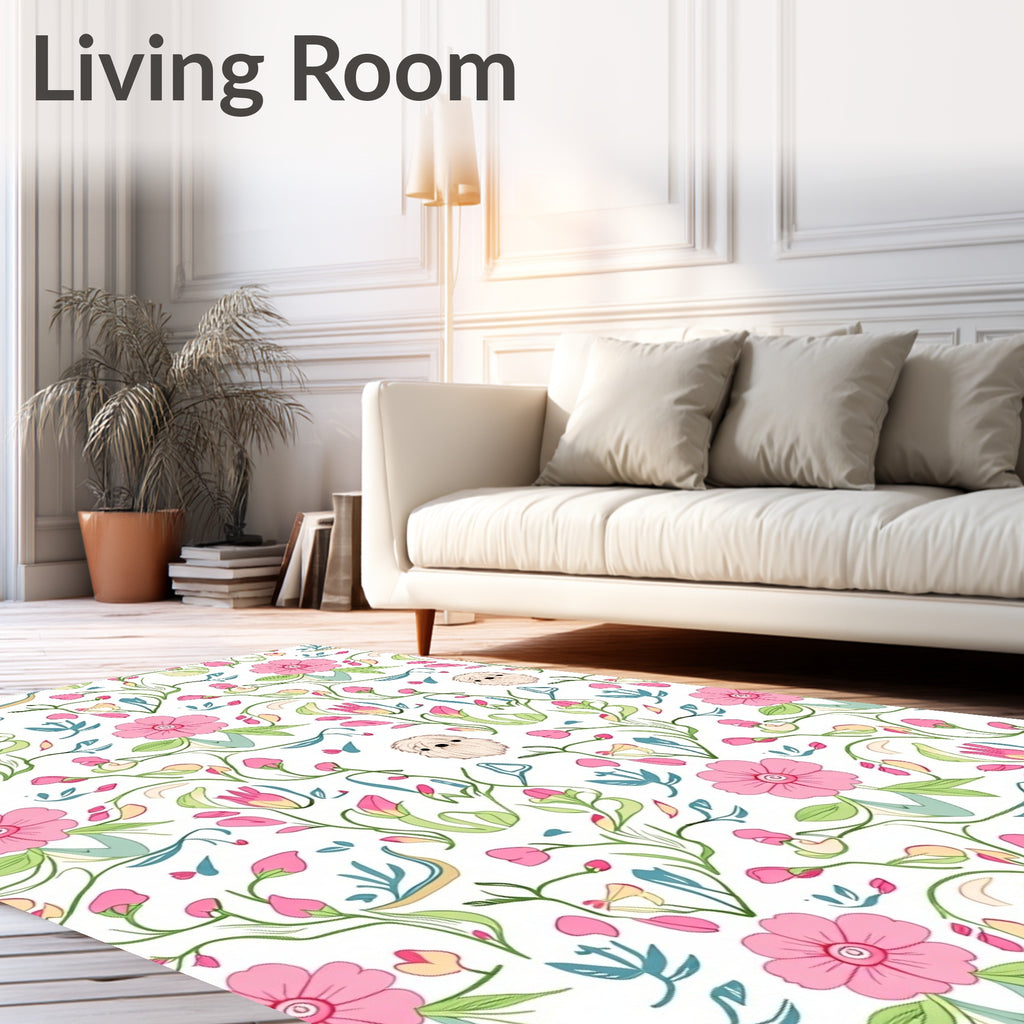 Pink Floral Puppy Meadow Whimsy Rug