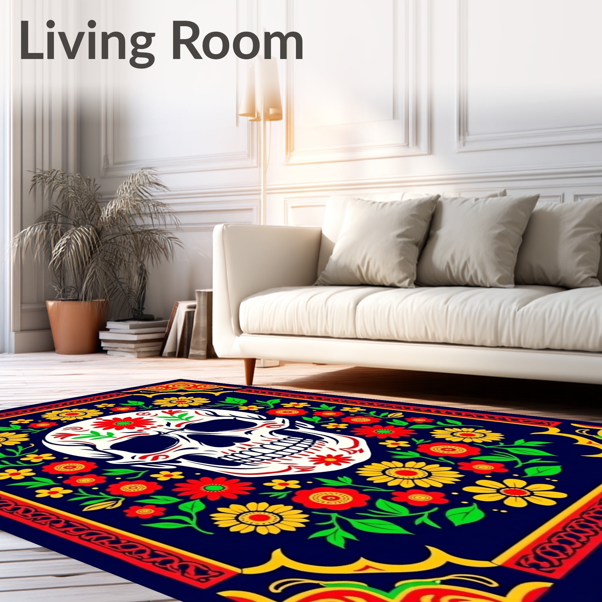 Vibrant Folk Floral Skull Art Rug