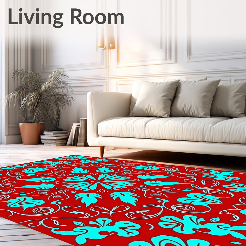 Red Teal Floral Scroll Medallion Rug