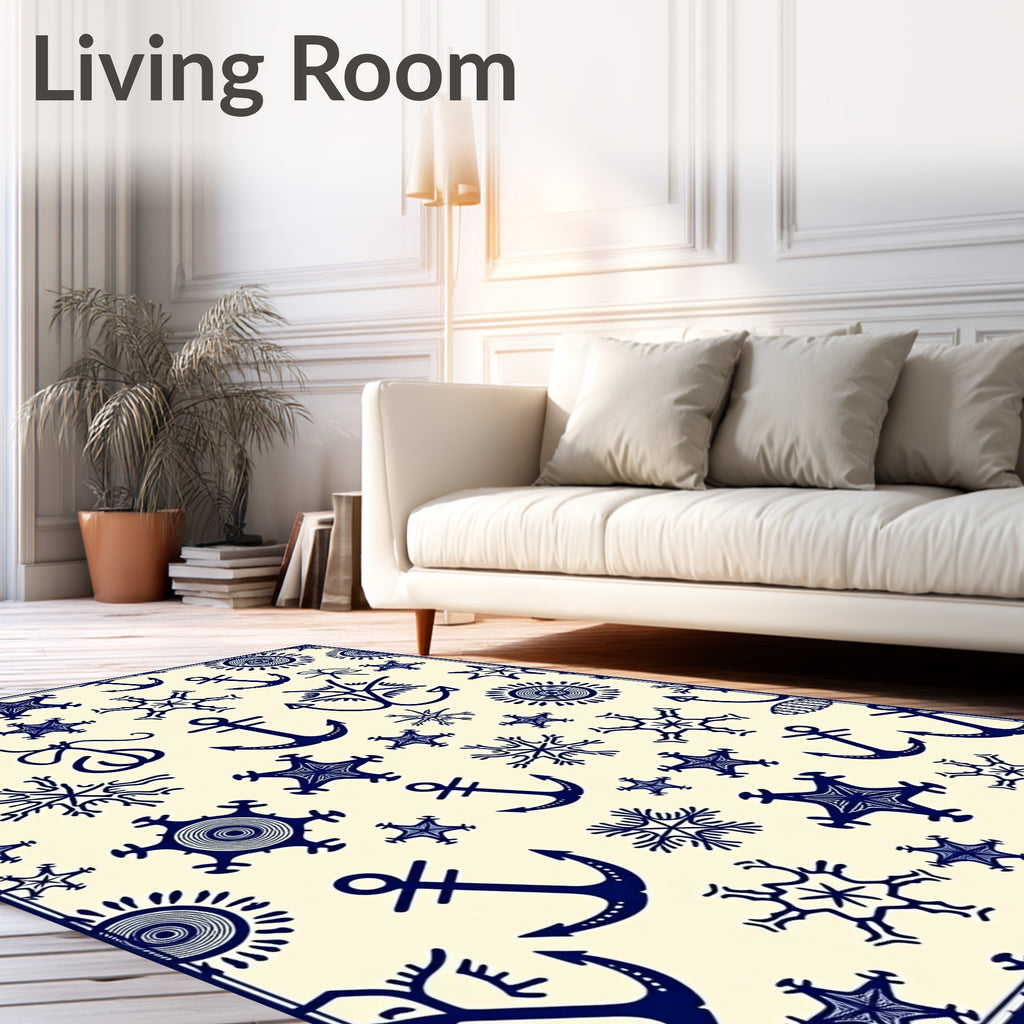 Nautical Navy Anchors Sunburst Snowflakes Rug