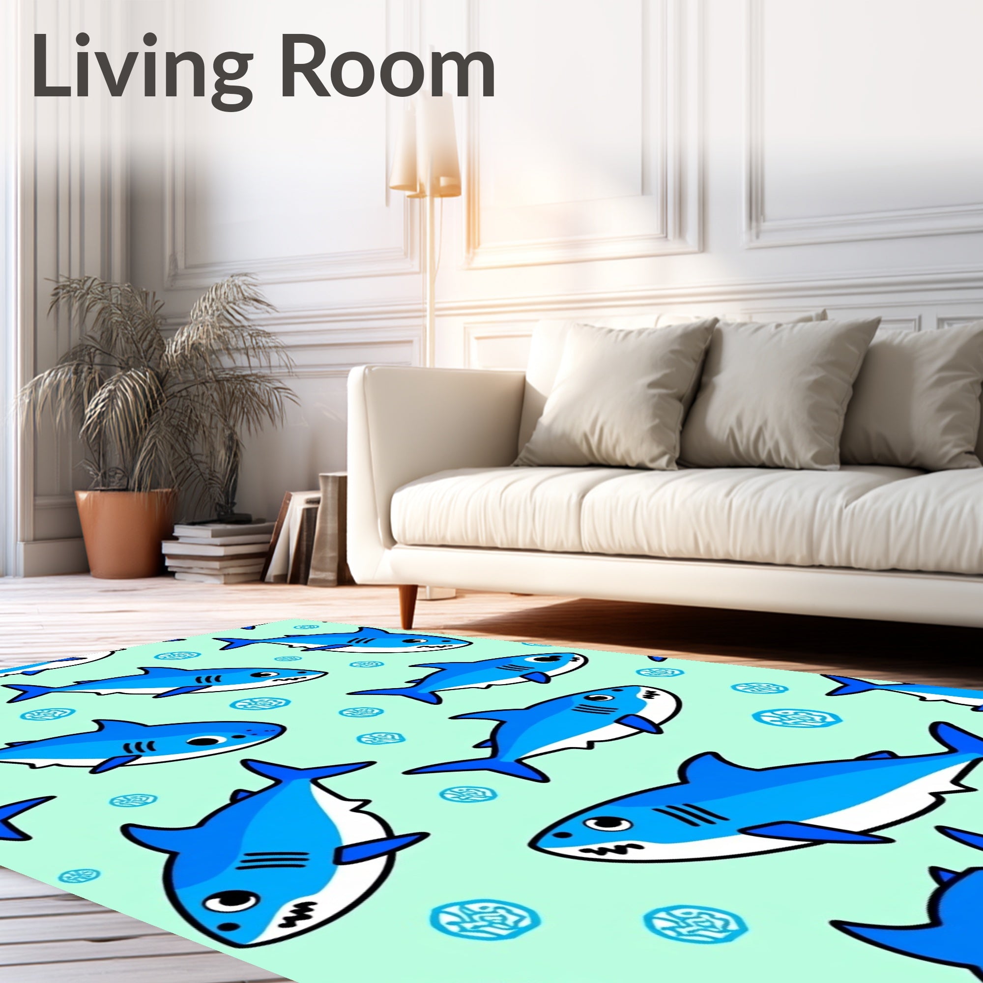 Cute Blue Whimsical Sharks Ocean Rug
