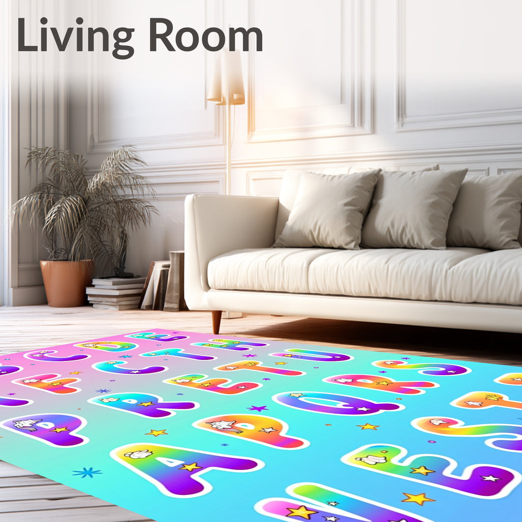 Whimsical Rainbow Unicorn Alphabet Stars Rug