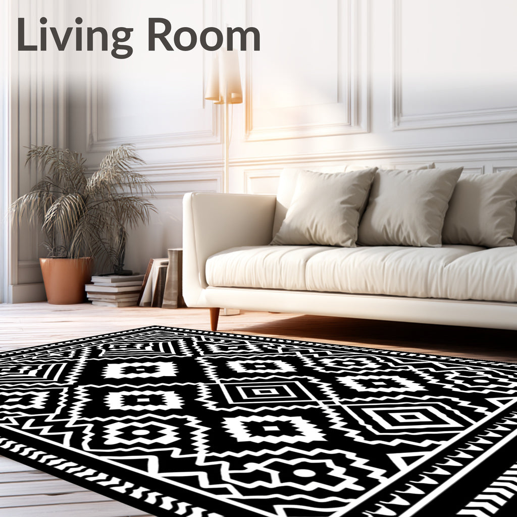Bold Black Geometric Diamond Tribal Rug