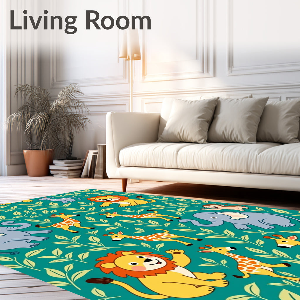 Cute Jungle Animals Green Foliage Rug