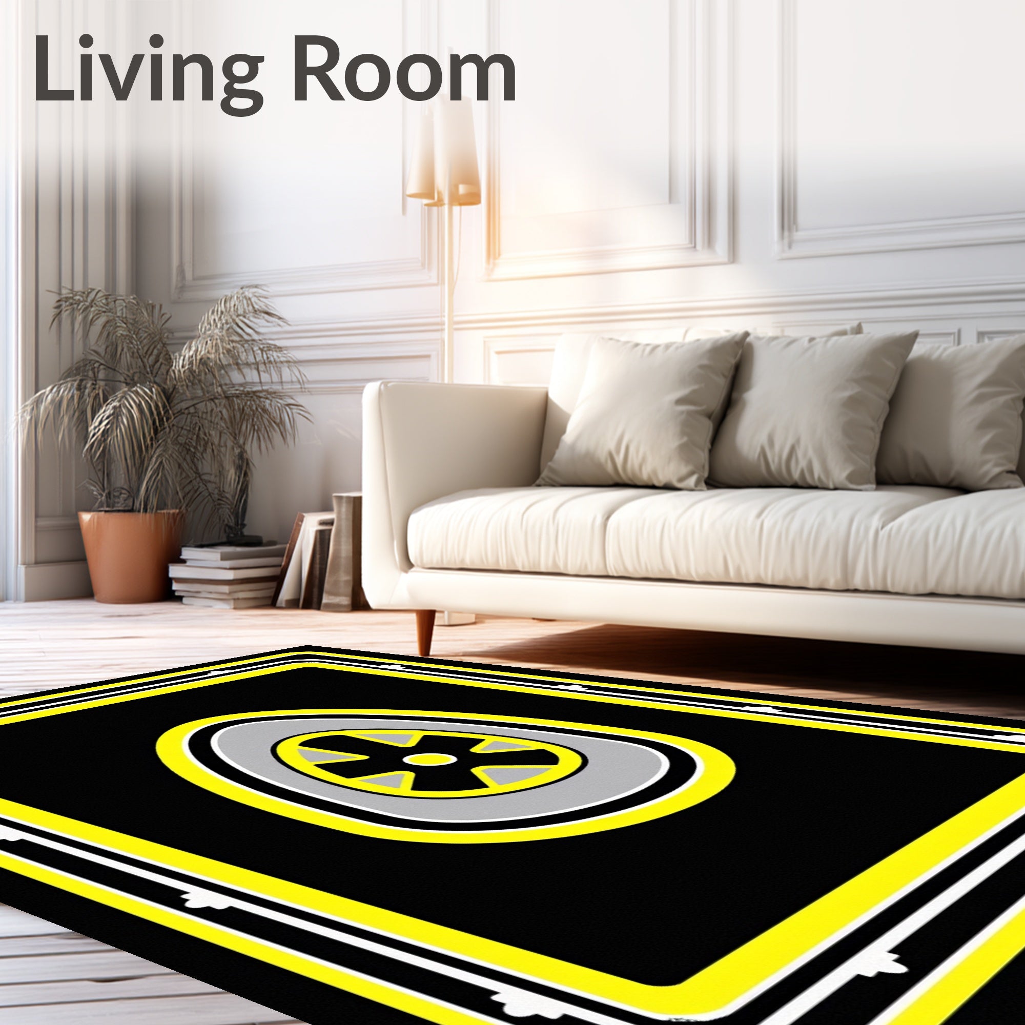 Bold Black Yellow Wheel Shape Rug