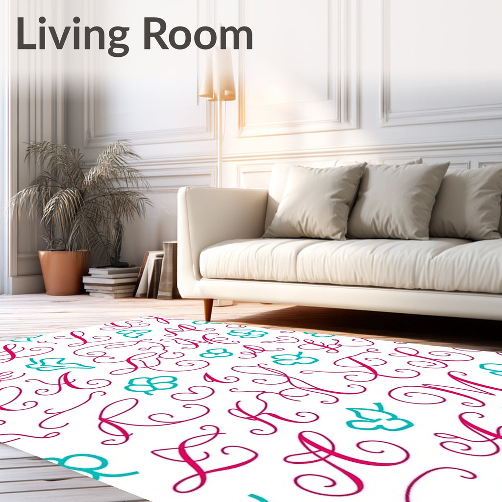 Cursive Alphabet Floral Whimsical Pink Teal Rug