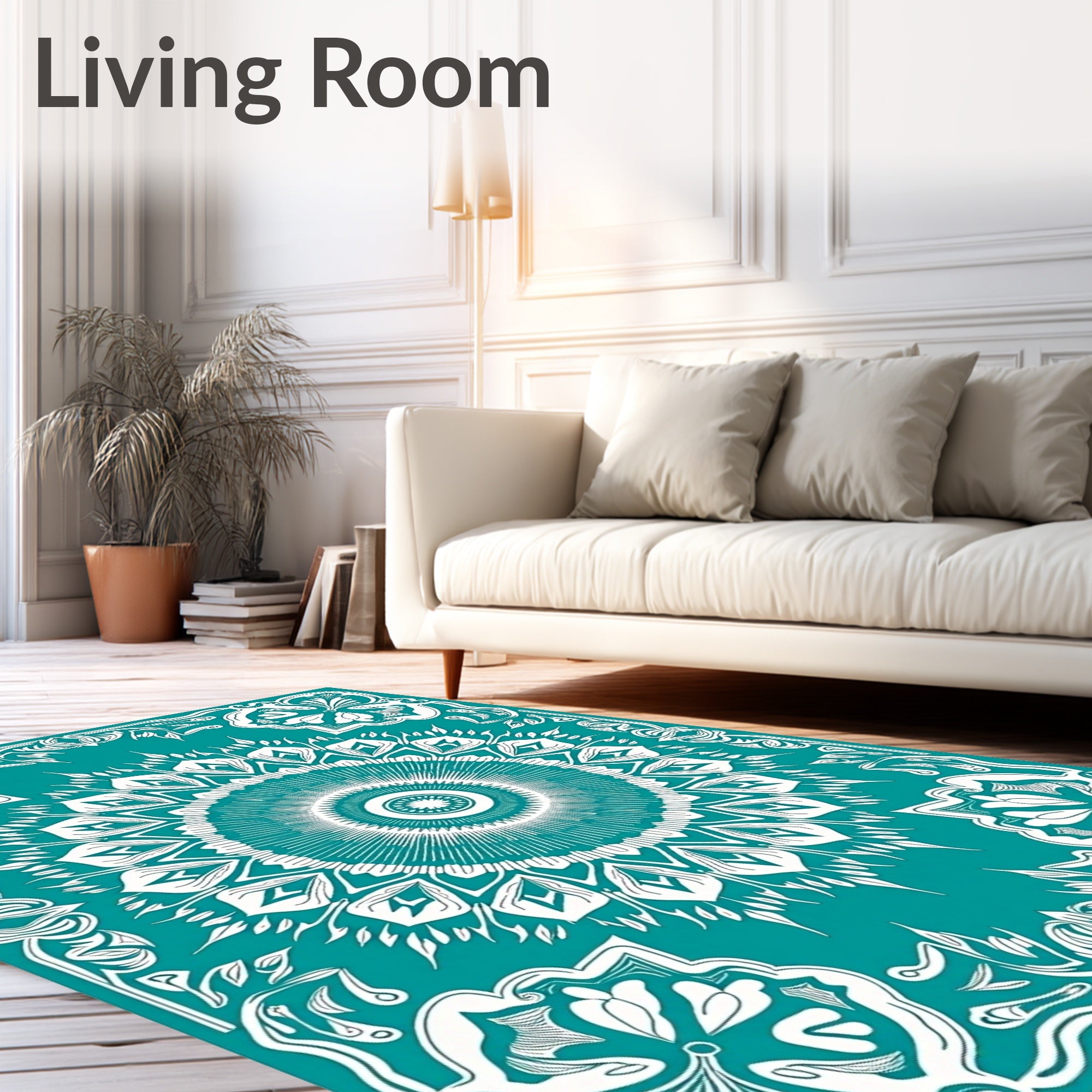 Teal White Intricate Floral Medallion Rug