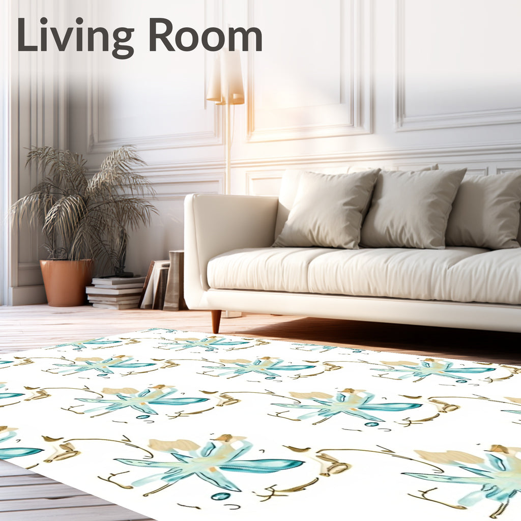 Abstract Teal Blossom In Tan Strokes Rug