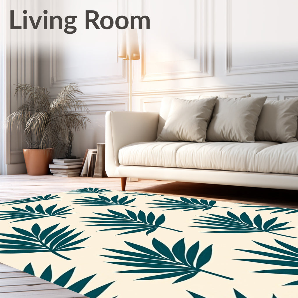 Teal Palm Frond Cream Background Rug