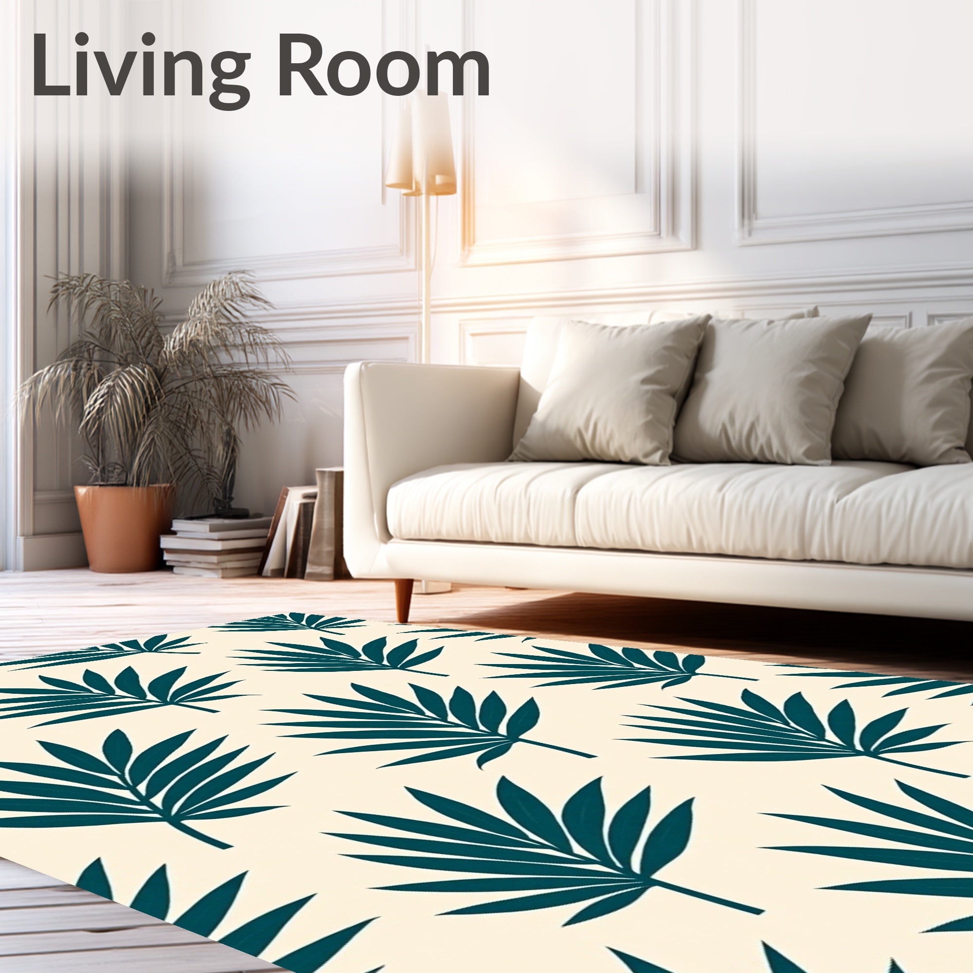 Teal Palm Frond Cream Background Rug