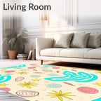 Cream Blue Abstract Organic Floral Rug