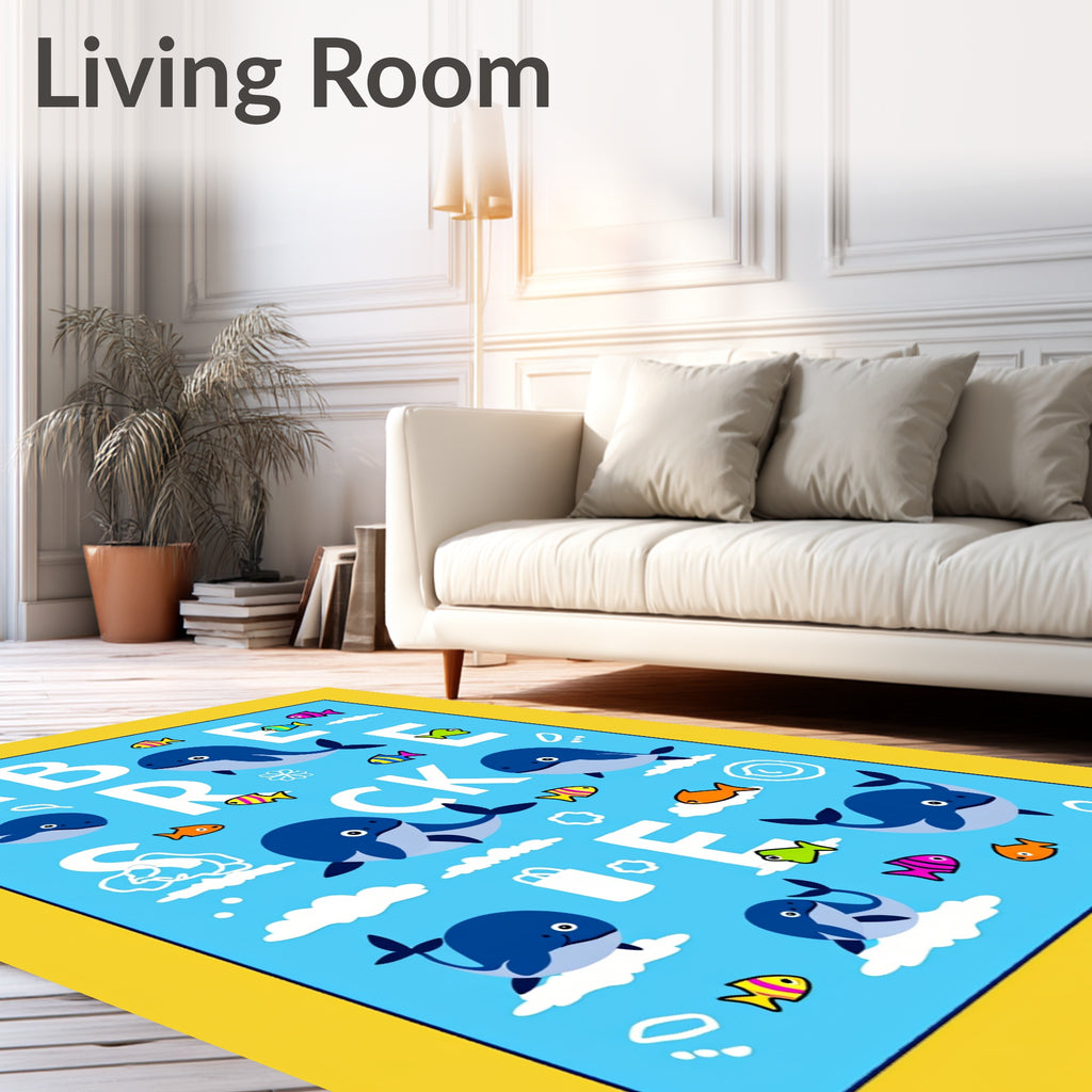 Blue Whimsical Cartoon Whale Alphabet Rug
