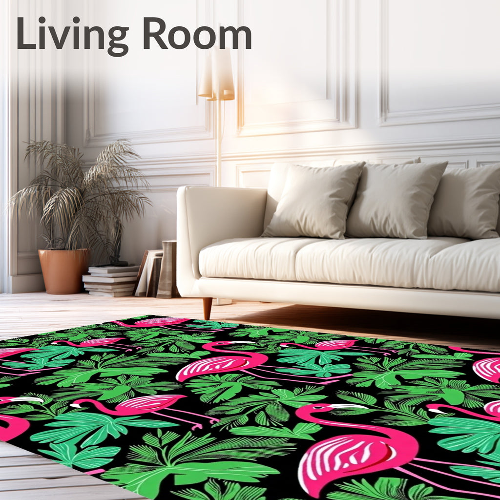 Tropical Pink Flamingos Lush Green Foliage Rug