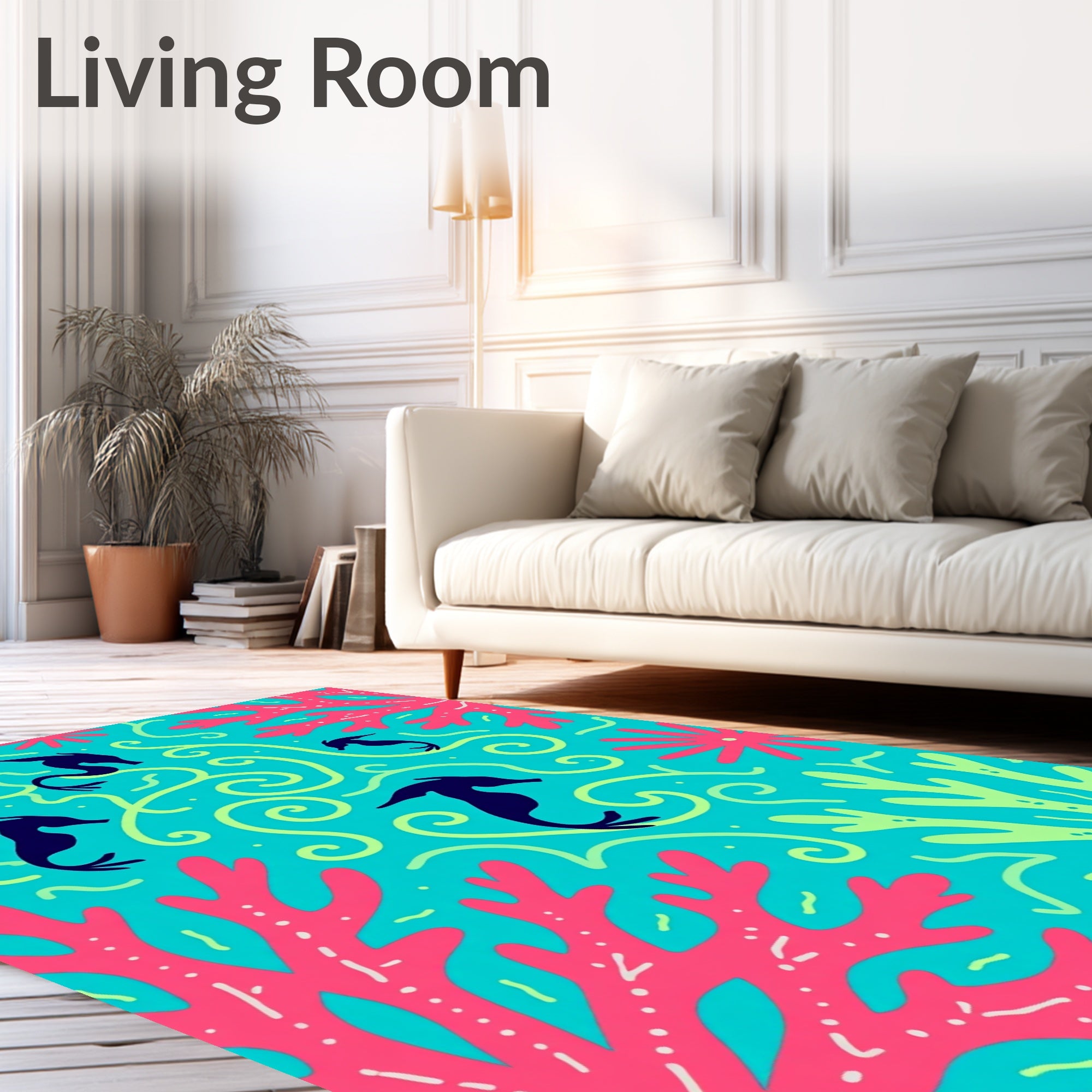 Marine Life Seahorse Coral Swirls Teal Rug