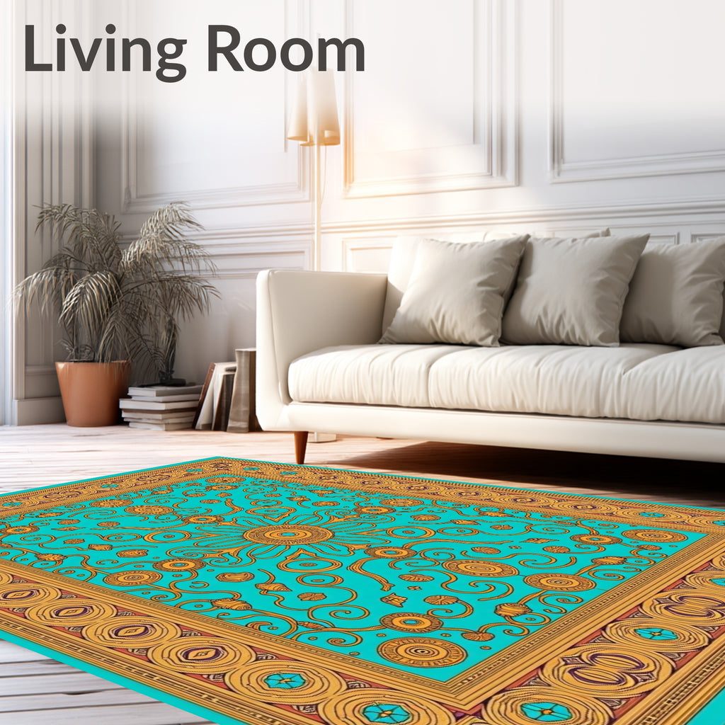 Golden Sunburst Teal Medallion Border Rug