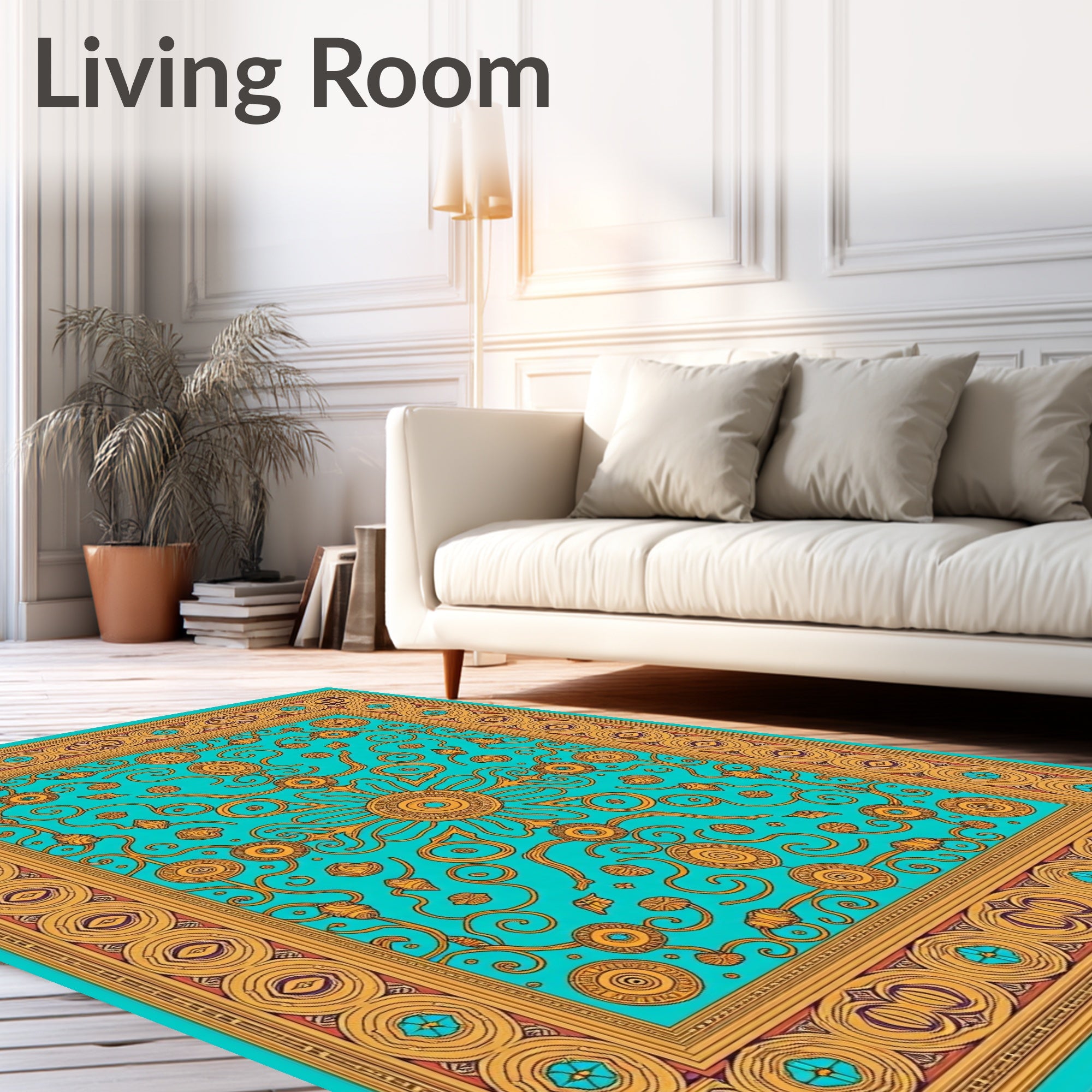 Golden Sunburst Teal Medallion Border Rug