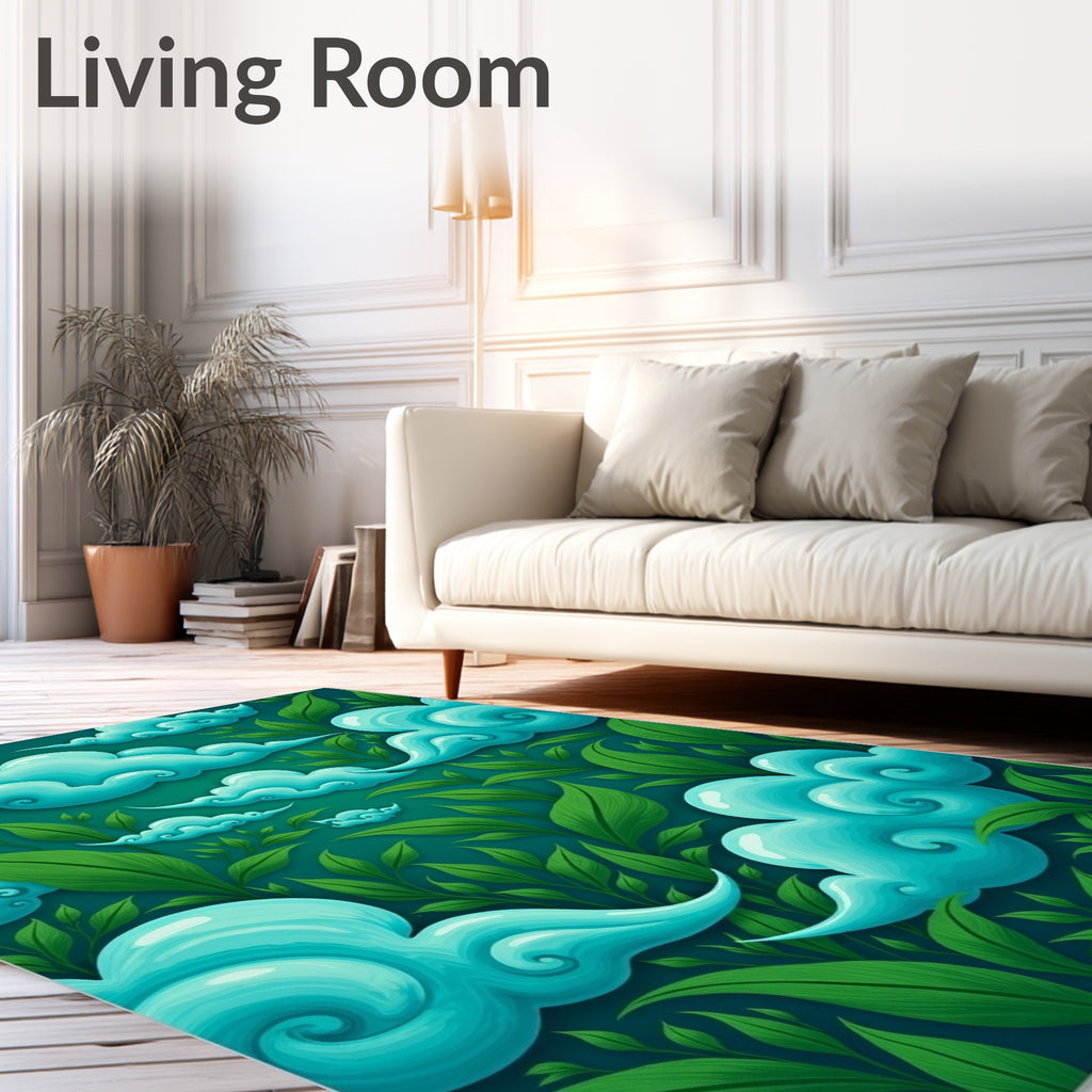 Teal Clouds Lush Green Foliage Rug