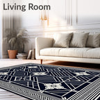 Art Deco Navy Blossom Geometric Border Rug