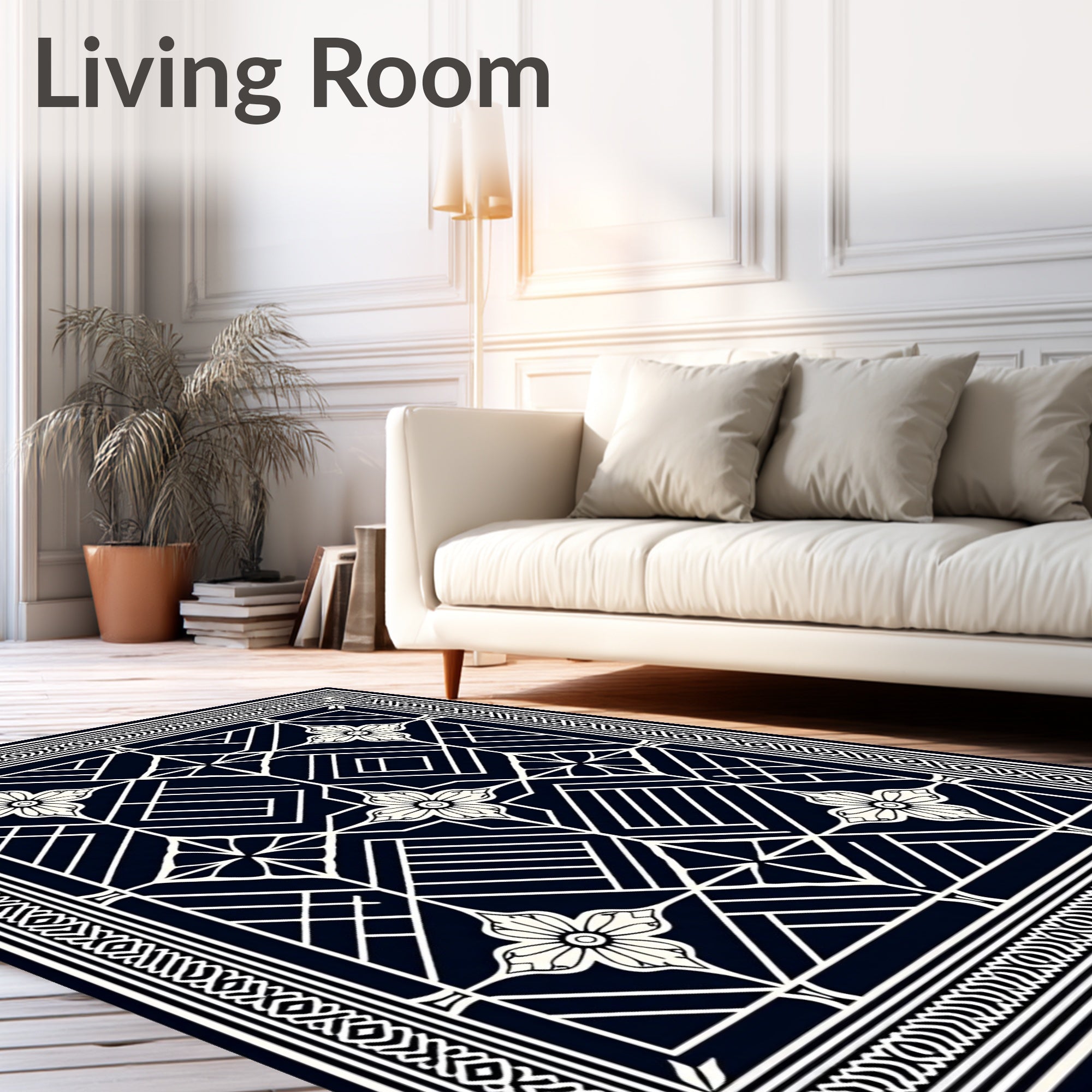 Art Deco Navy Blossom Geometric Border Rug
