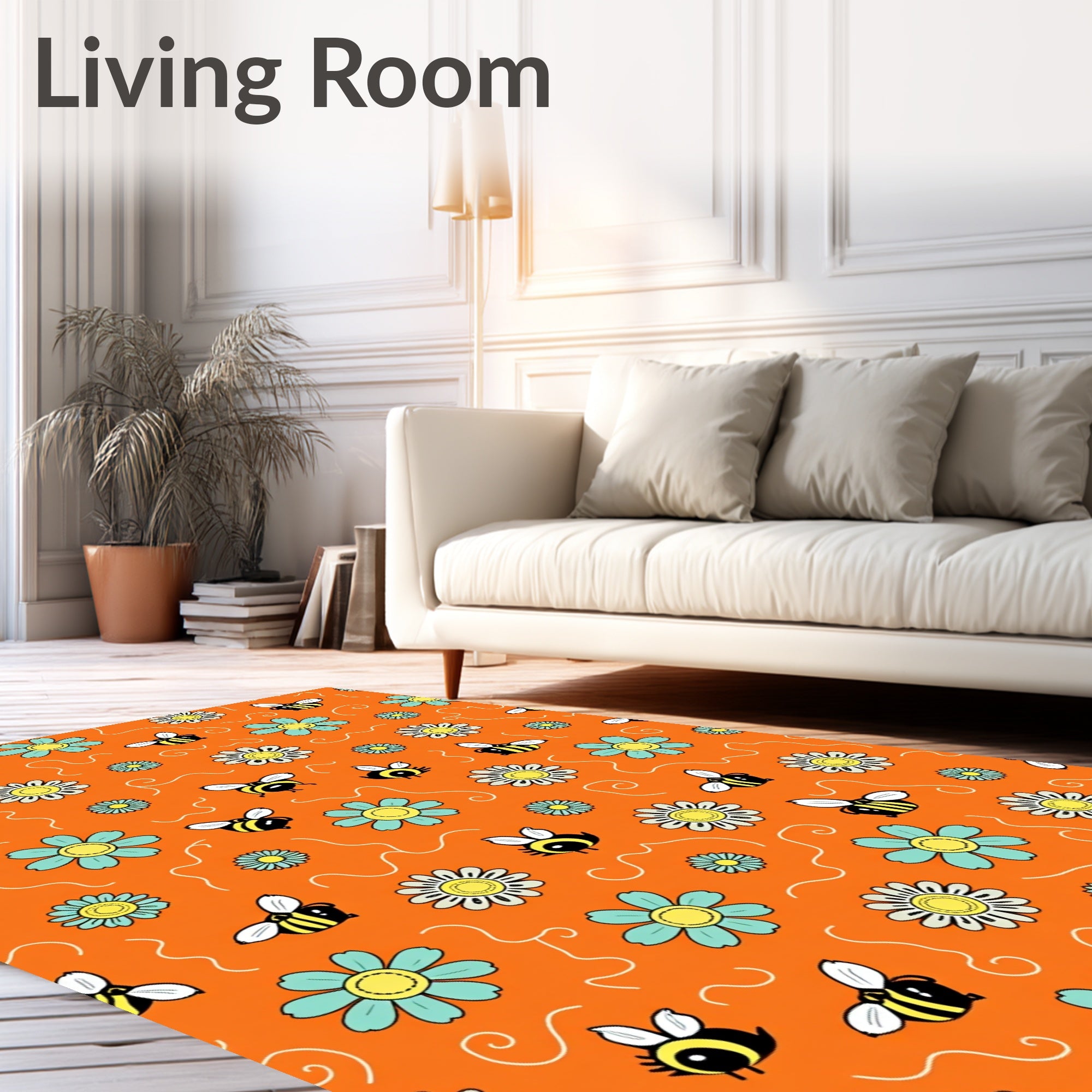 Whimsical Bees and Flowers Orange Rug