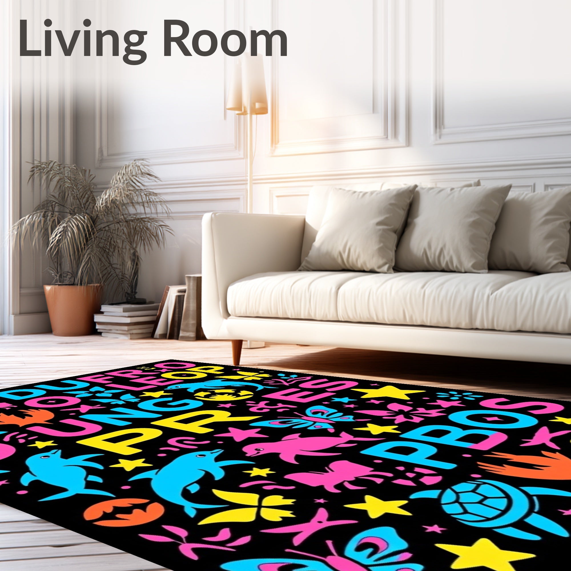 Vibrant Pink Blue Yellow Aquatic Animals Rug