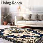 Navy Gold Symmetrical Floral Bloom Rug