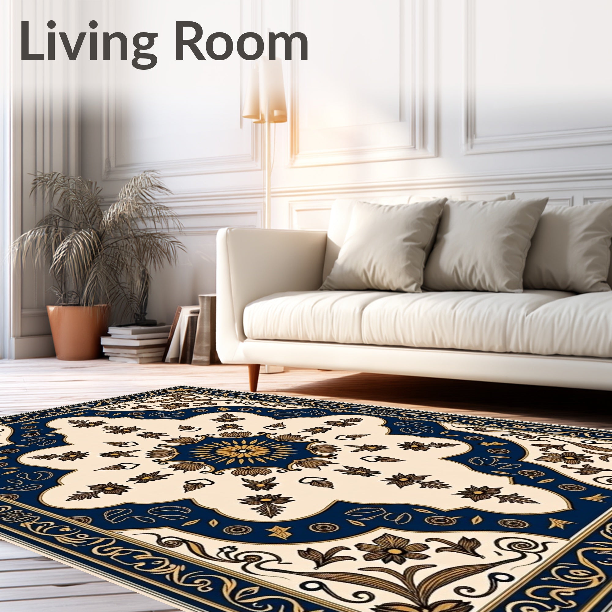 Navy Gold Symmetrical Floral Bloom Rug
