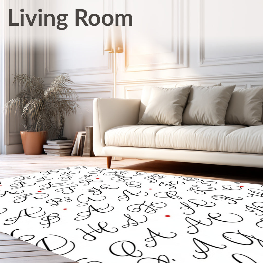 Black Calligraphy Alphabet Red Dots Rug