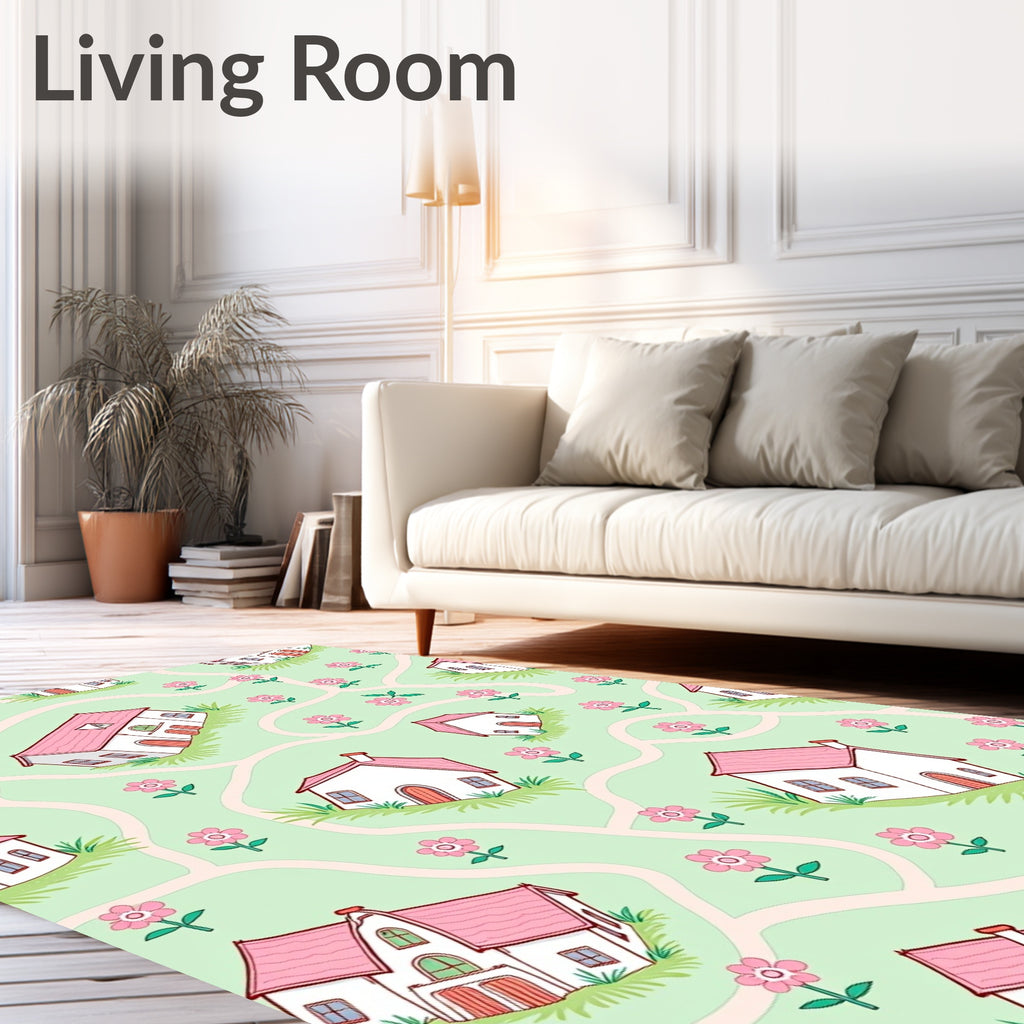 Whimsical Pink Rooftop Houses Floral Ground Rug