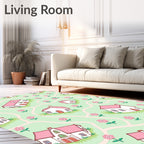Whimsical Pink Rooftop Houses Floral Ground Rug