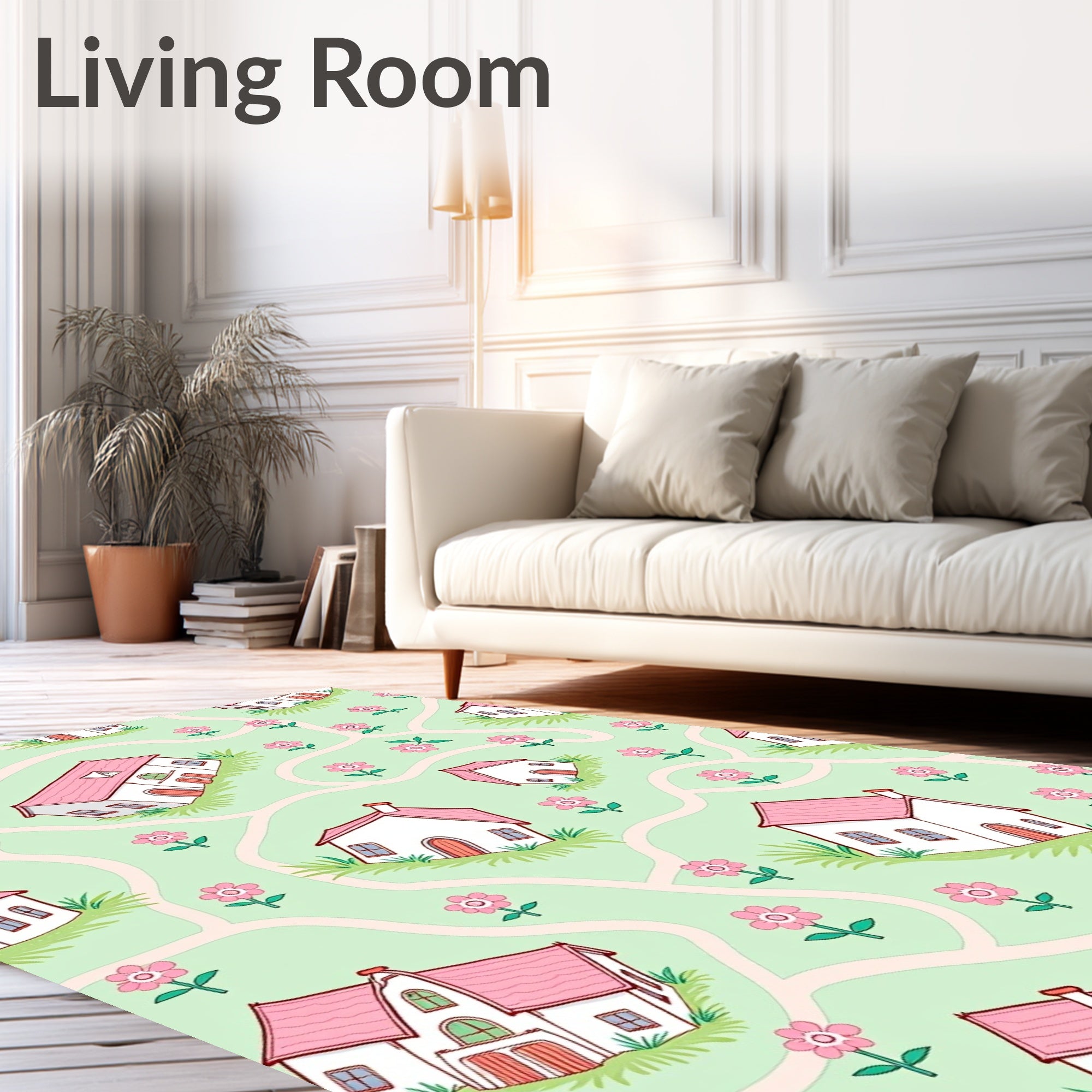Whimsical Pink Rooftop Houses Floral Ground Rug