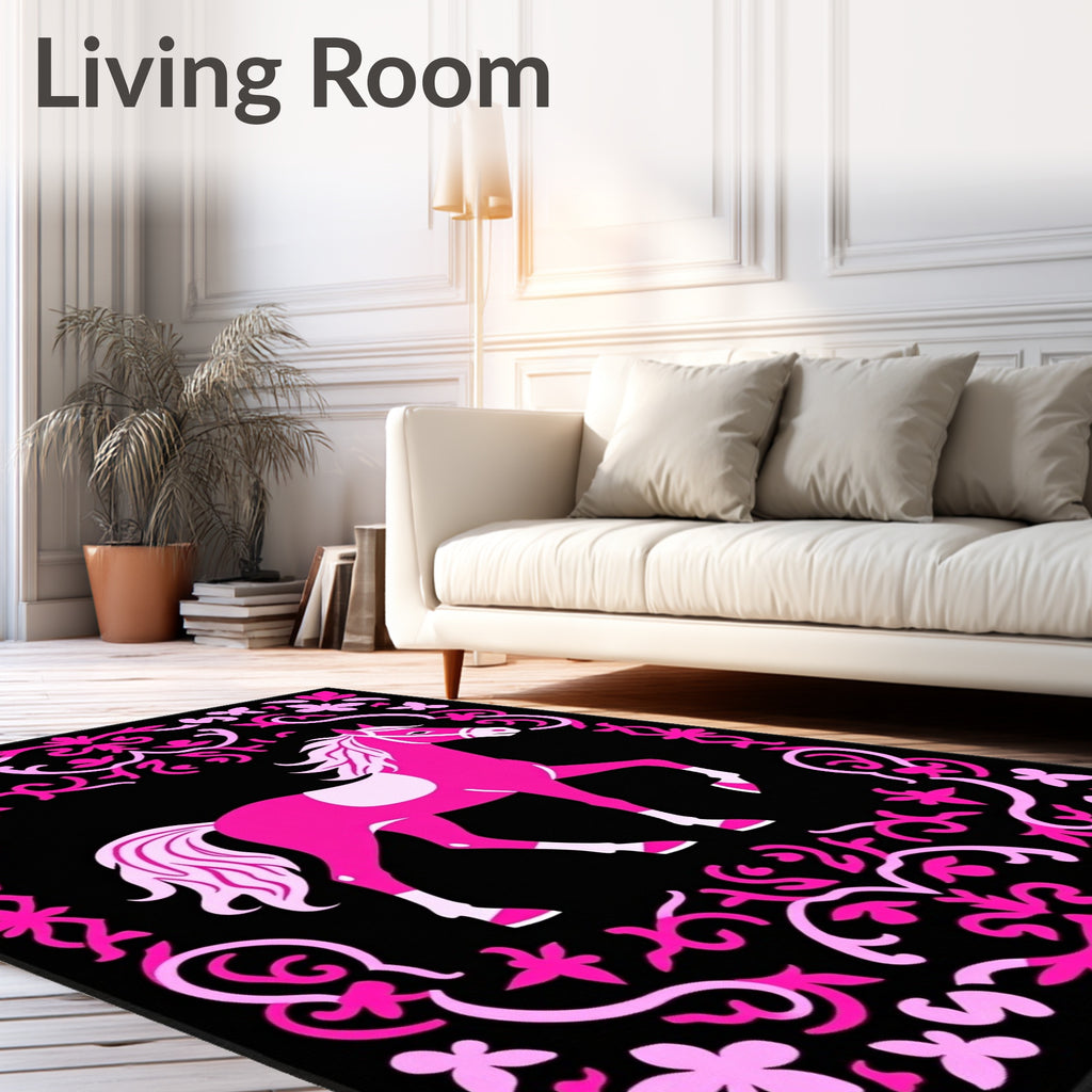 Pink Horse Black Floral Frame Rug