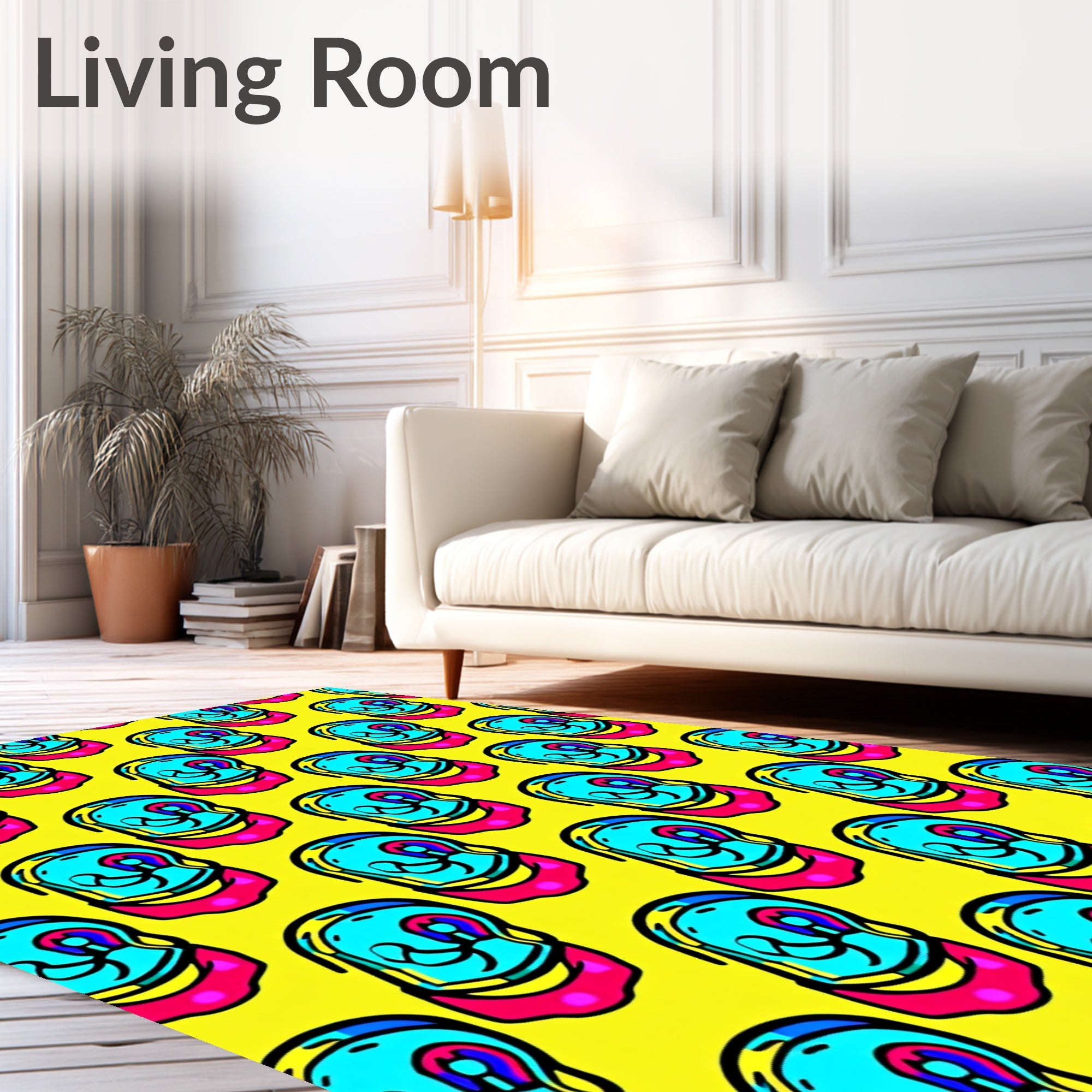 Bright Yellow Cyan Pink Skull Rug