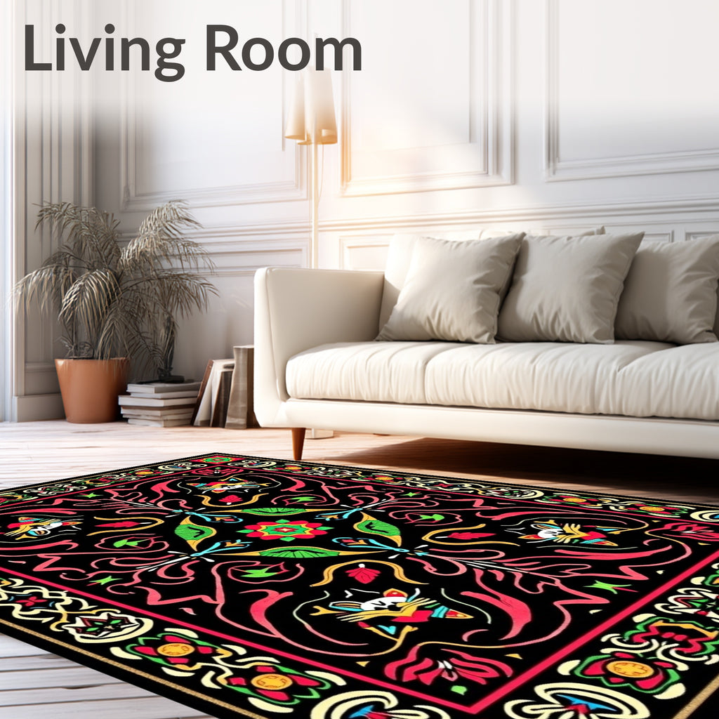 Bold Black Floral Animal Whimsical Rug