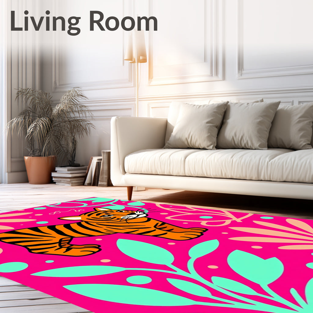 Vibrant Pink Tiger Floral Jungle Rug