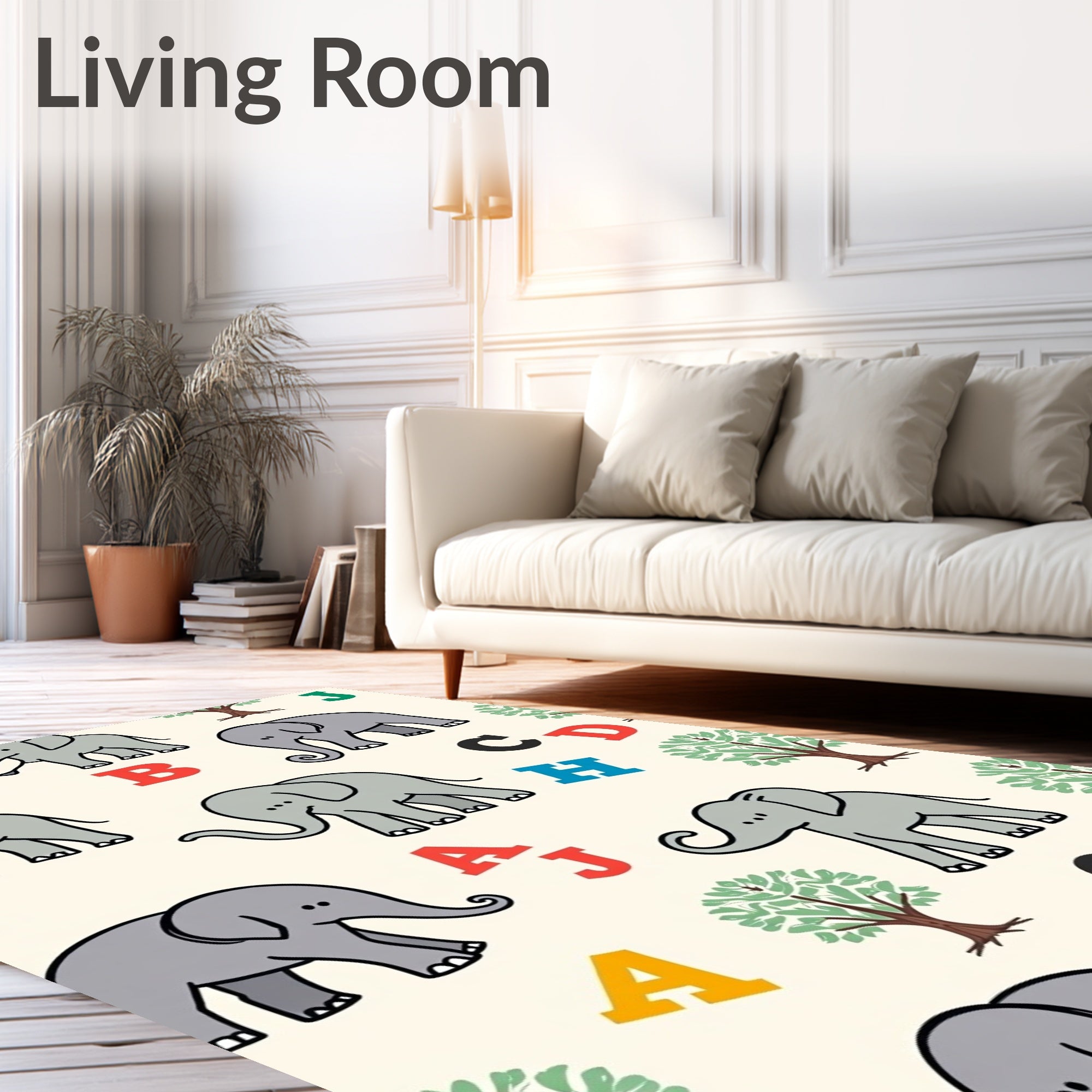 Playful gray elephants alphabet grove Rug