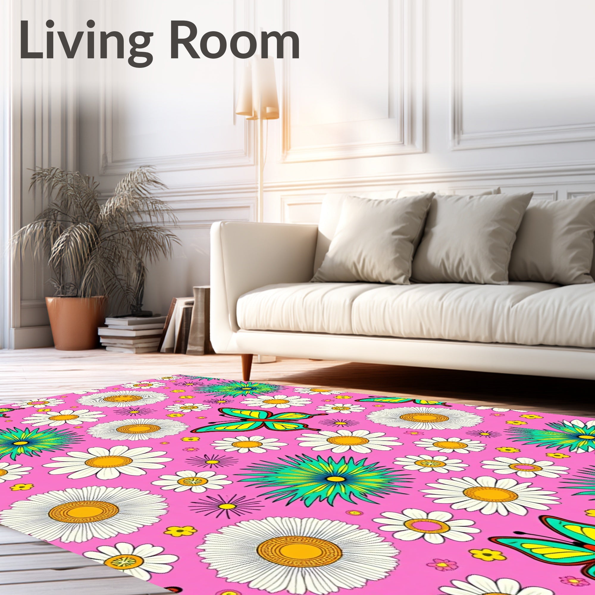 Pink Floral Butterfly Garden Rug