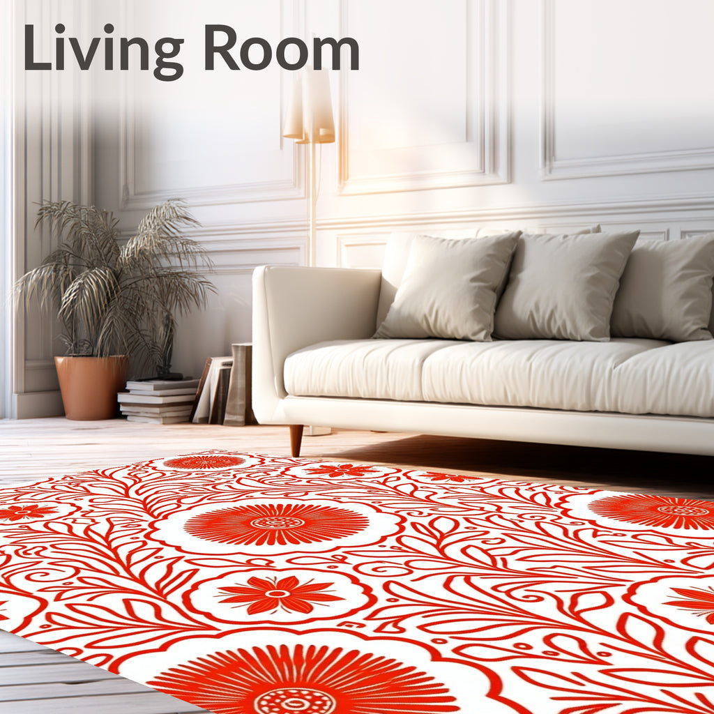 Vibrant Red Folk Floral Swirls Rug