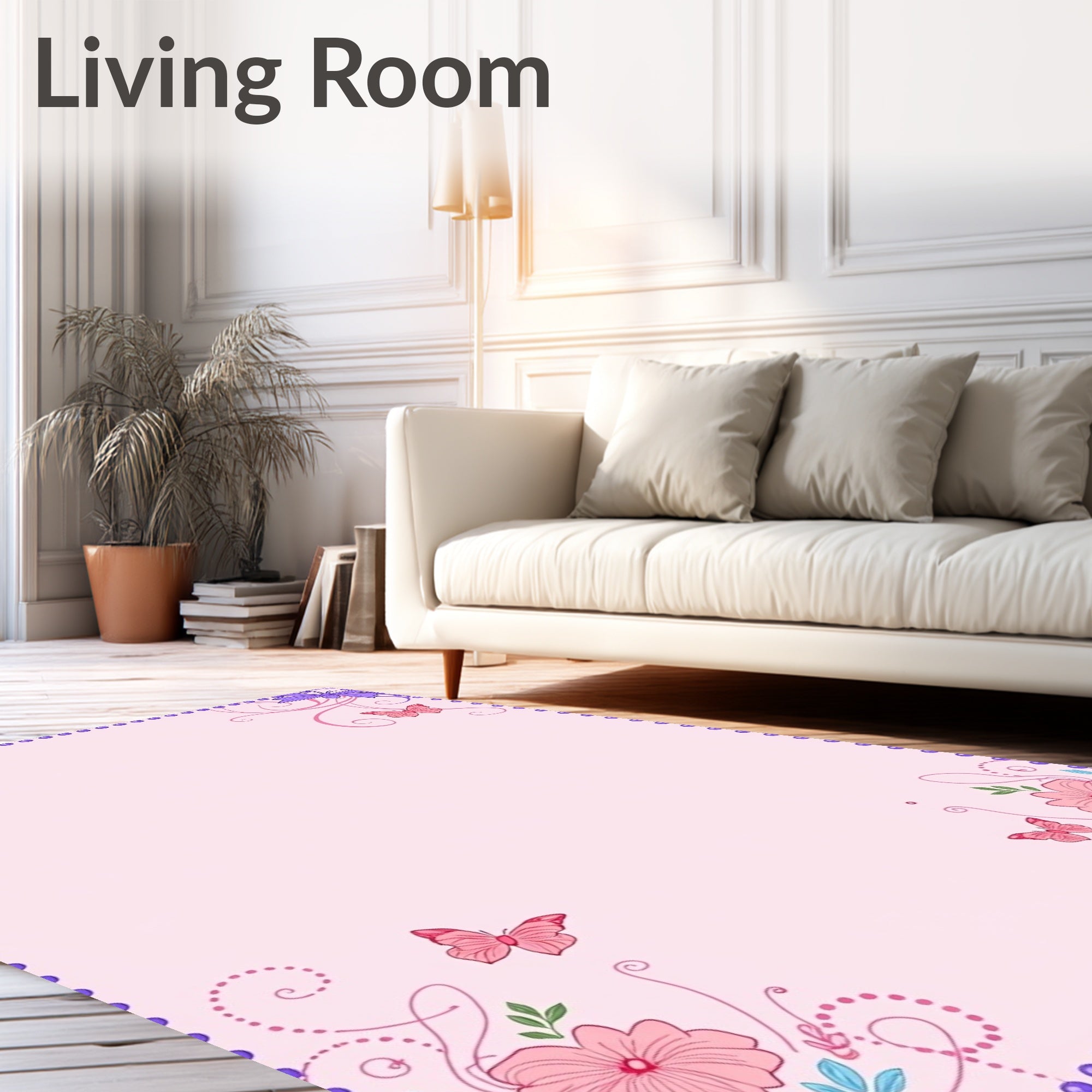 Pastel Pink Butterfly Floral Swirl Rug
