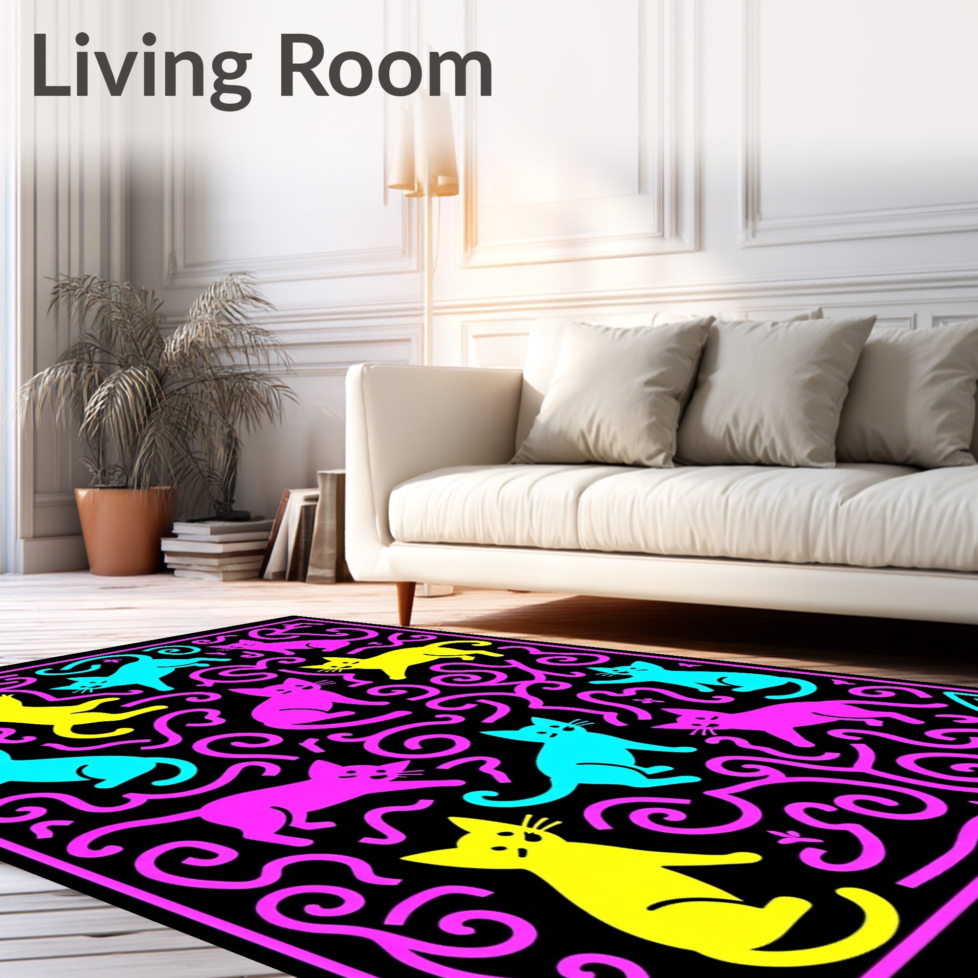 Playful Neon Cats Swirls Rug