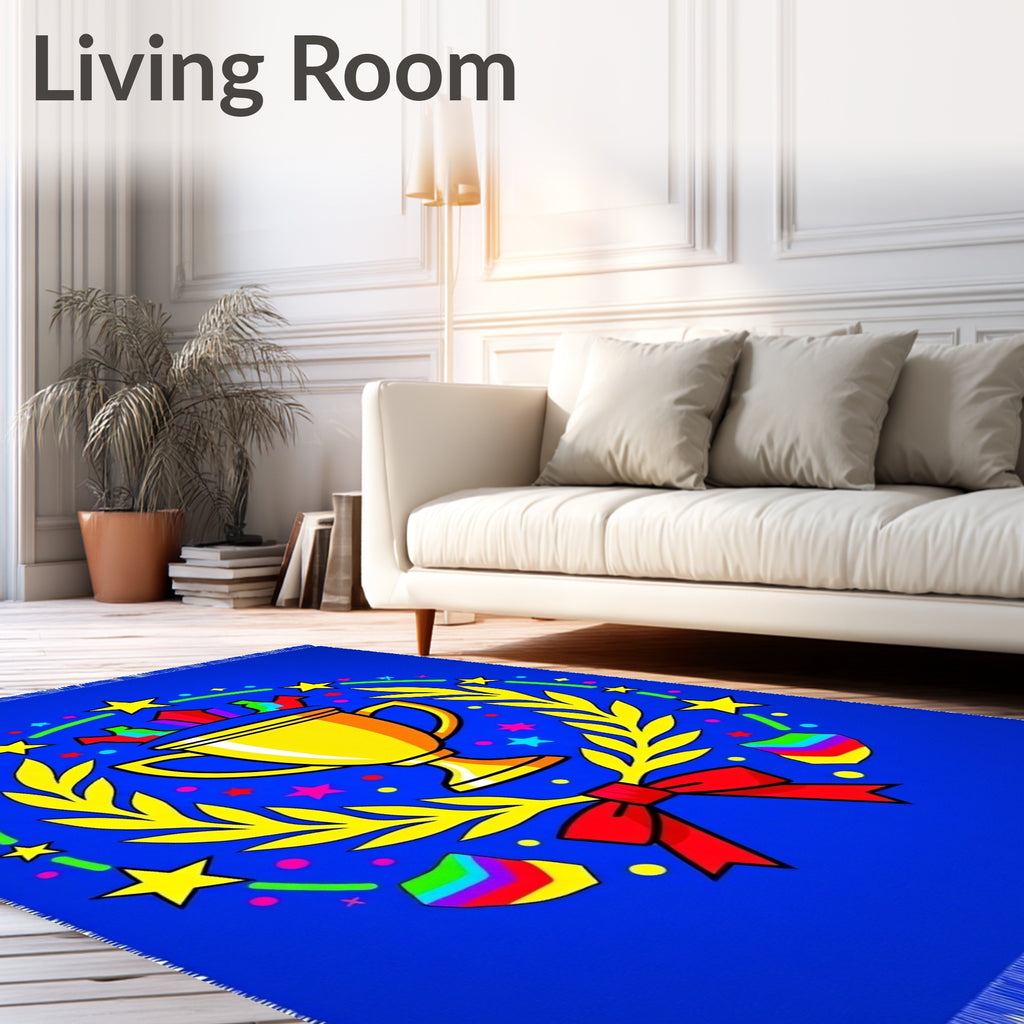 Bright Blue Victory Trophy Ribbon Stars Rug