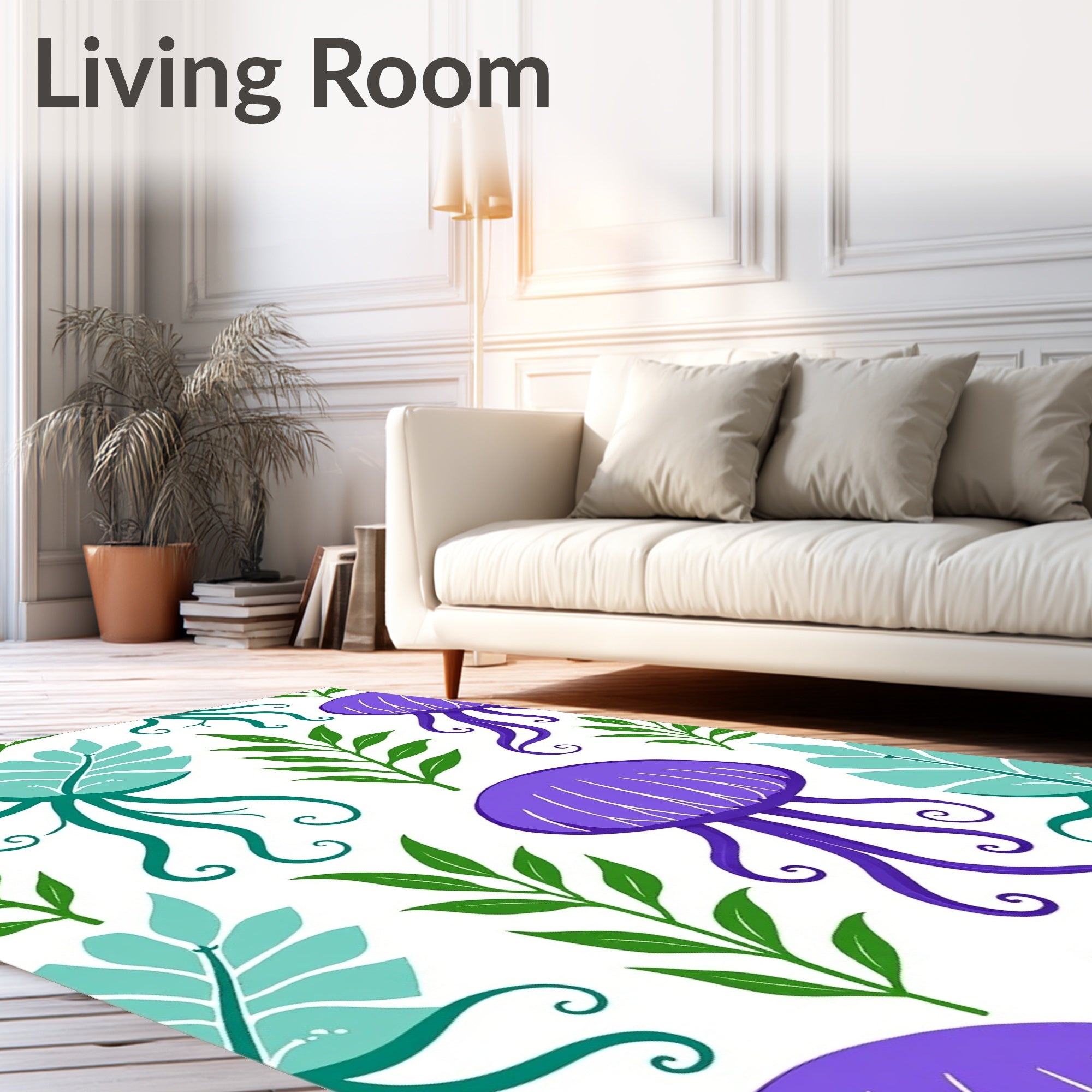 Vibrant Purple Jellyfish Teal Leaves Rug