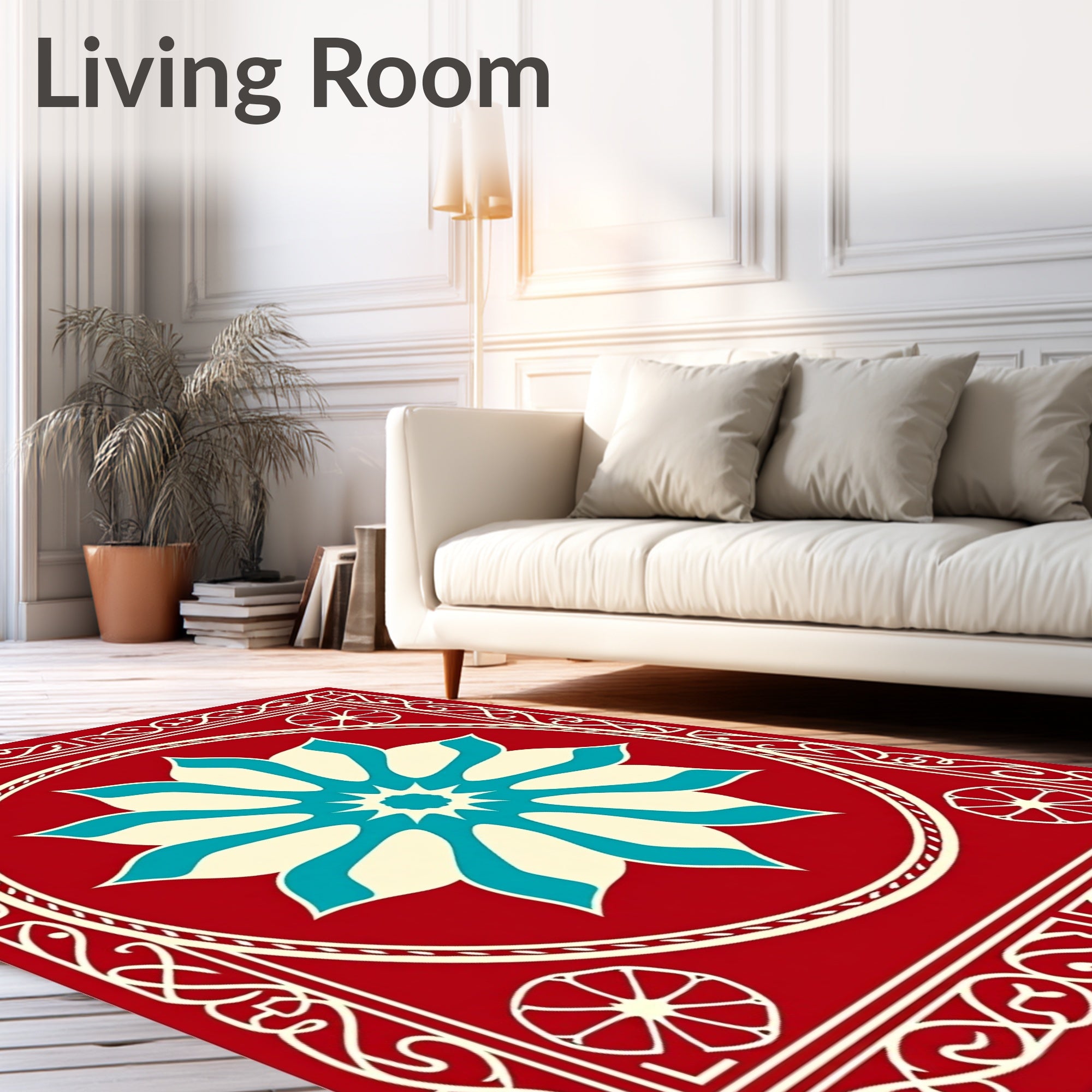 Crimson Flower Ivory Teal Accents Rug
