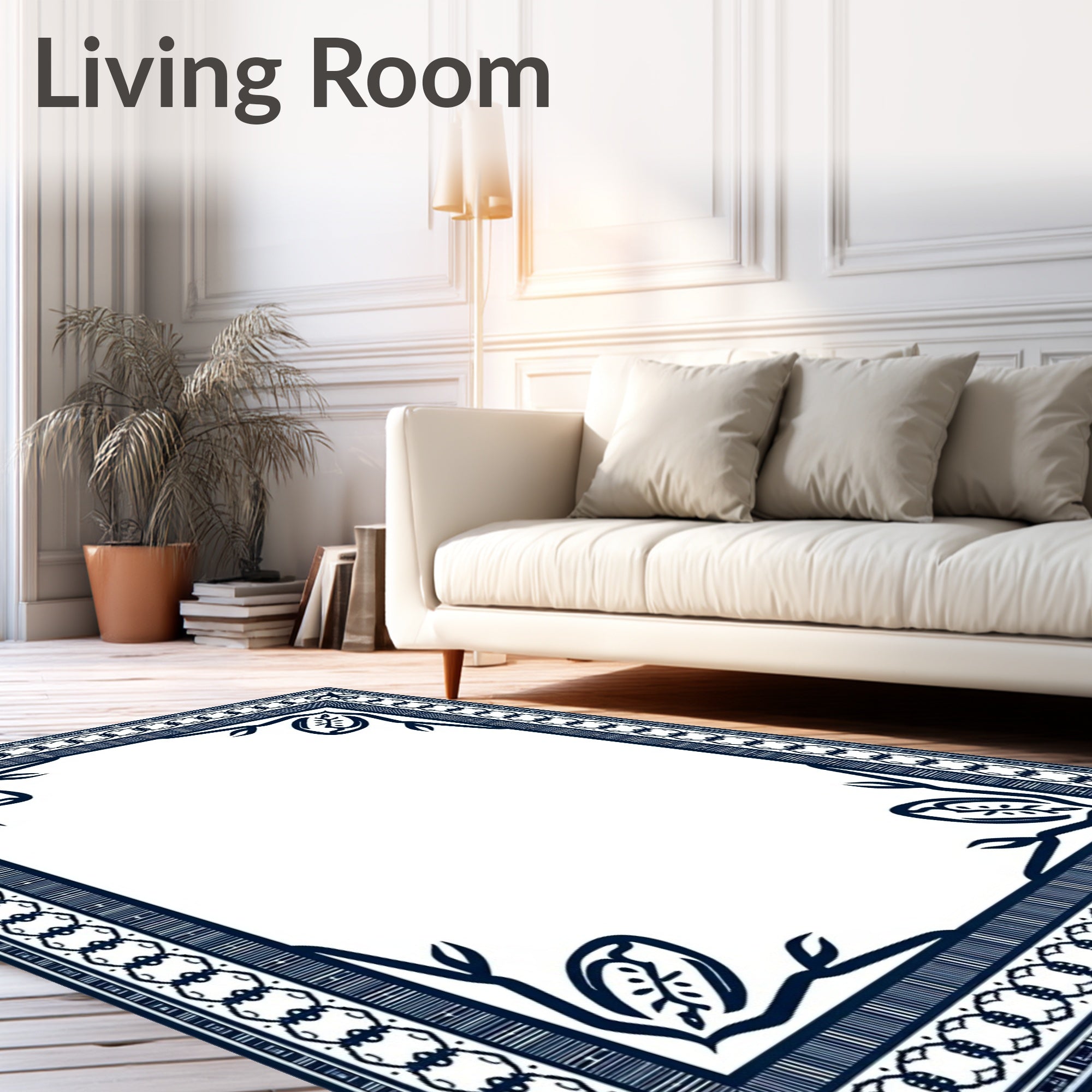 Navy Blue Classic Floral Border Rug