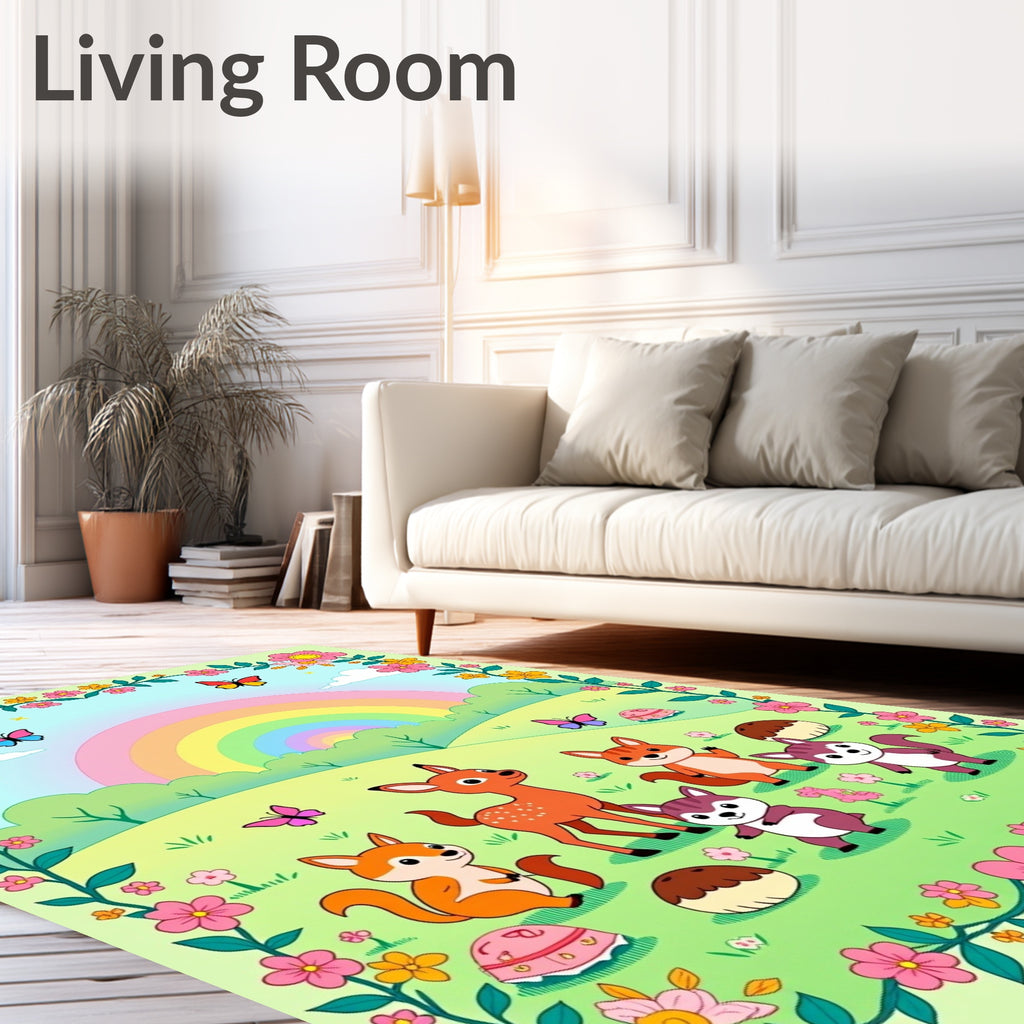 Whimsical Woodland Creatures Rainbow Meadow Rug