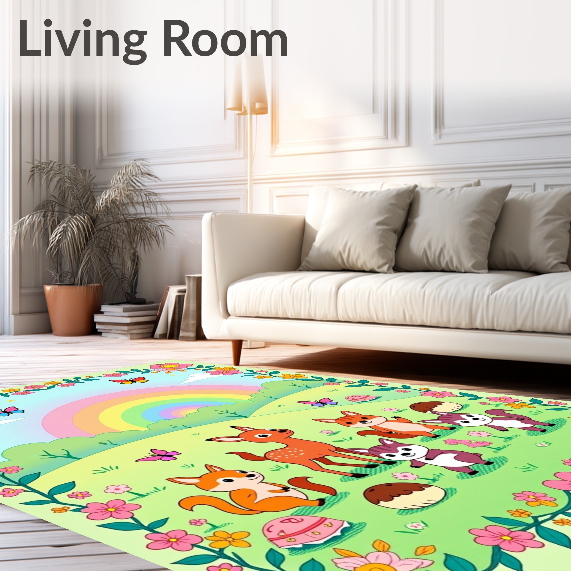 Whimsical Woodland Creatures Rainbow Meadow Rug