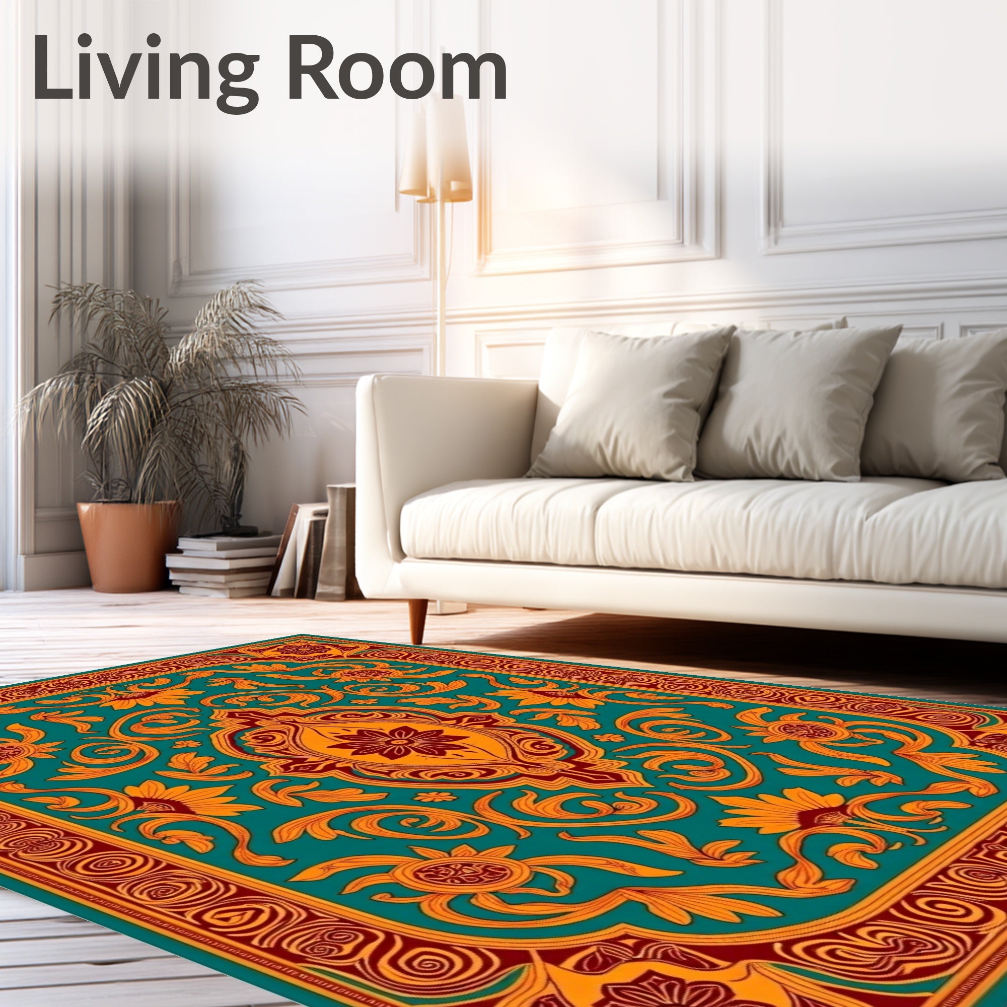 Teal Orange Red Floral Medallion Rug