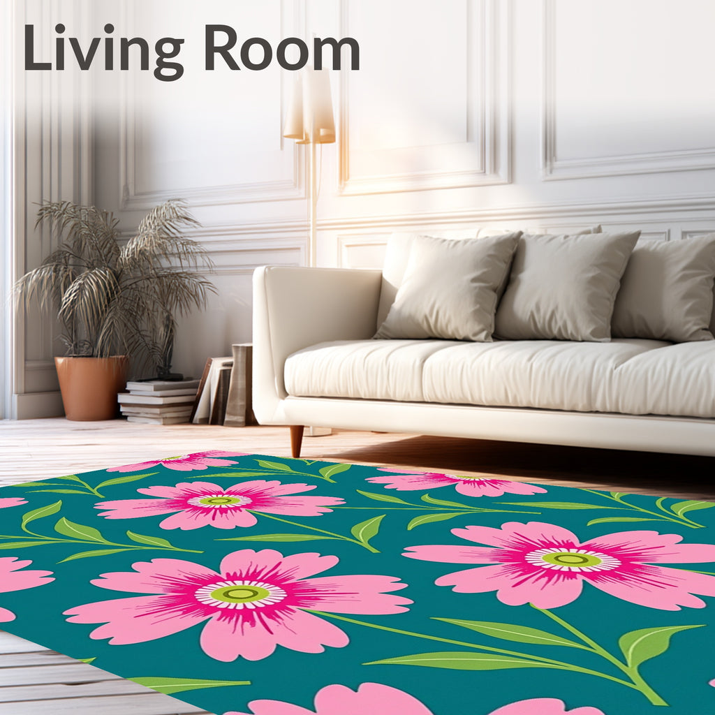 Pink Daisy Garden Teal Rug