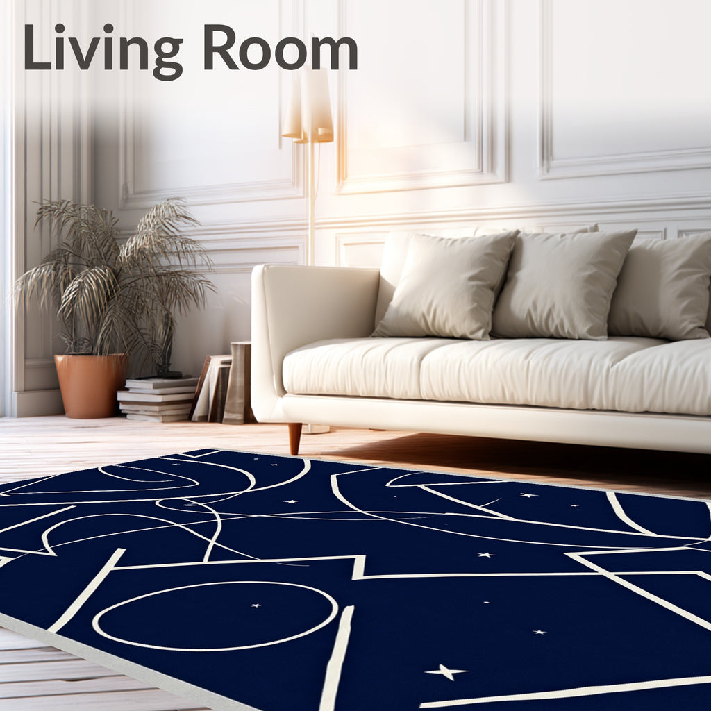 Dark Blue White Abstract Starry Ribbon Rug